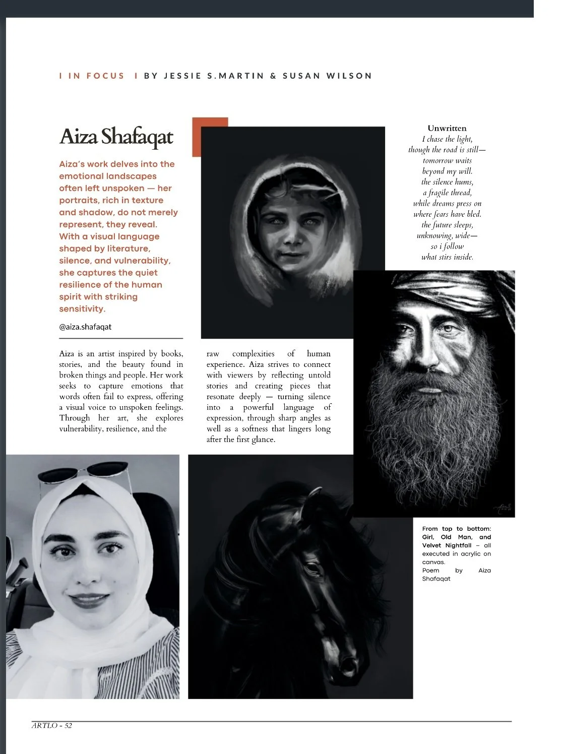 Page featuring portraits of four individuals, including a woman in a headscarf, a young girl, a man with a beard and turban, and a black horse, alongside poetic and descriptive text about their artwork and inspiration.