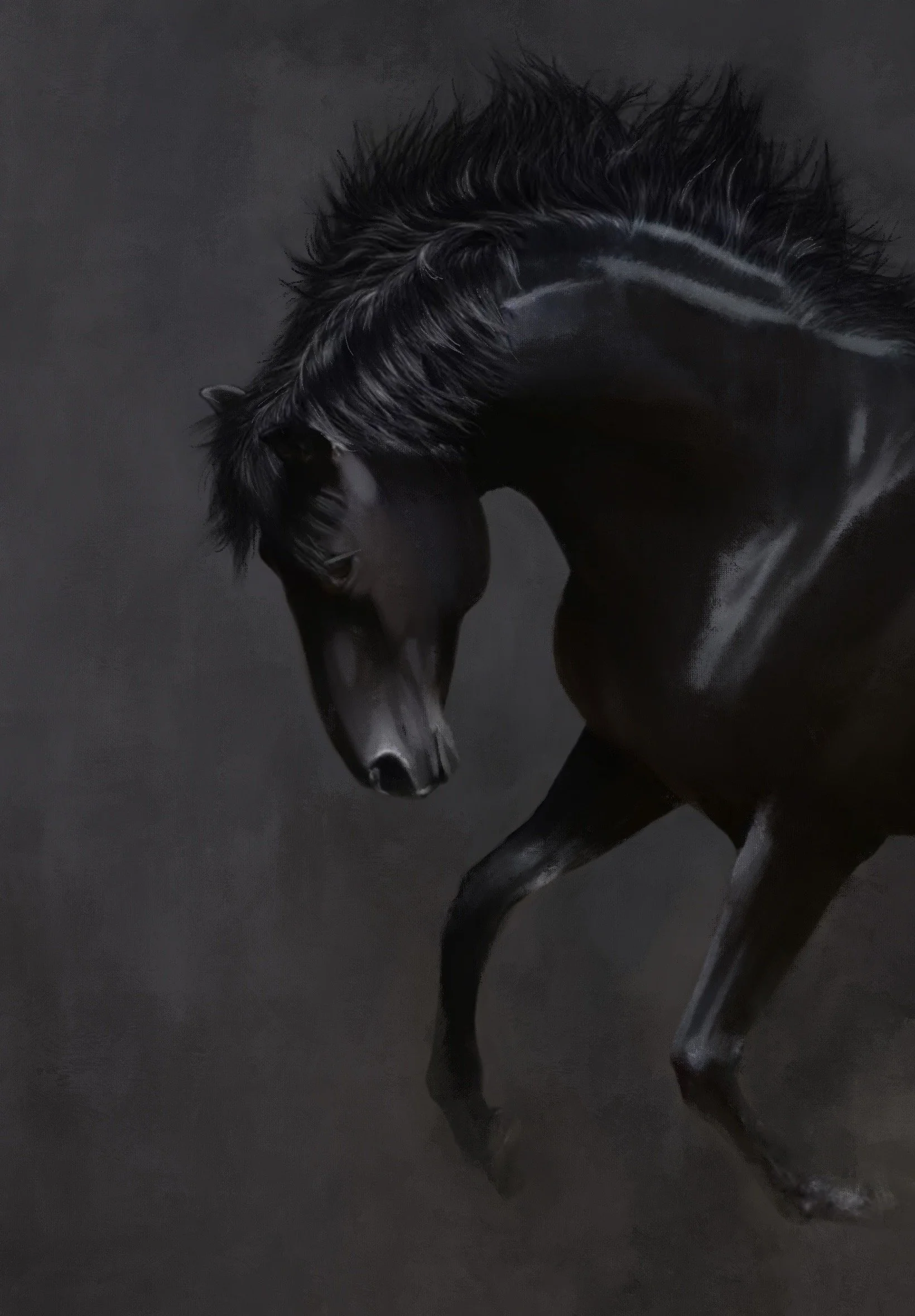 A black sculpture of a horse with a glossy finish, set against a dark background.