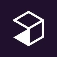 Abstract geometric logo with a 3D cube shape on a dark background.