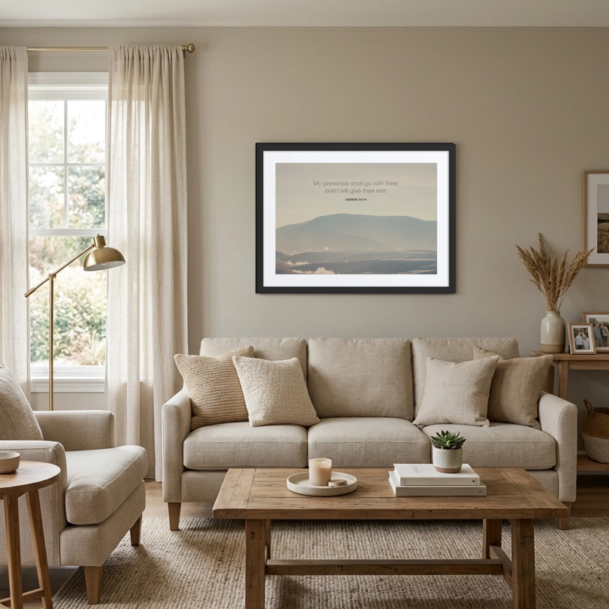 Alt Text 1: Framed Exodus 33:14 Bible verse wall art mounted on a living room wall