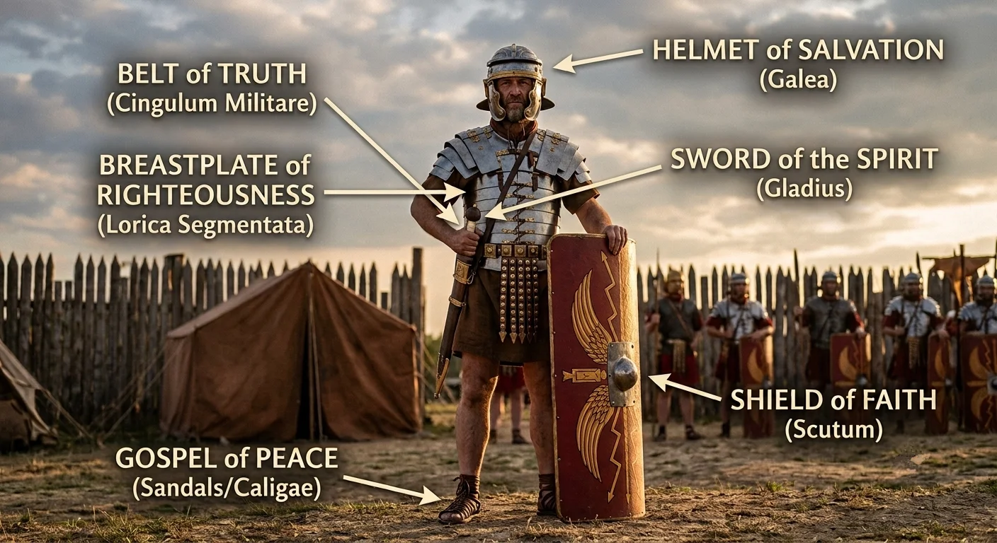 Historically accurate and realistic image of a Roman soldier and his armor with all the Ephesians 6 elements called out