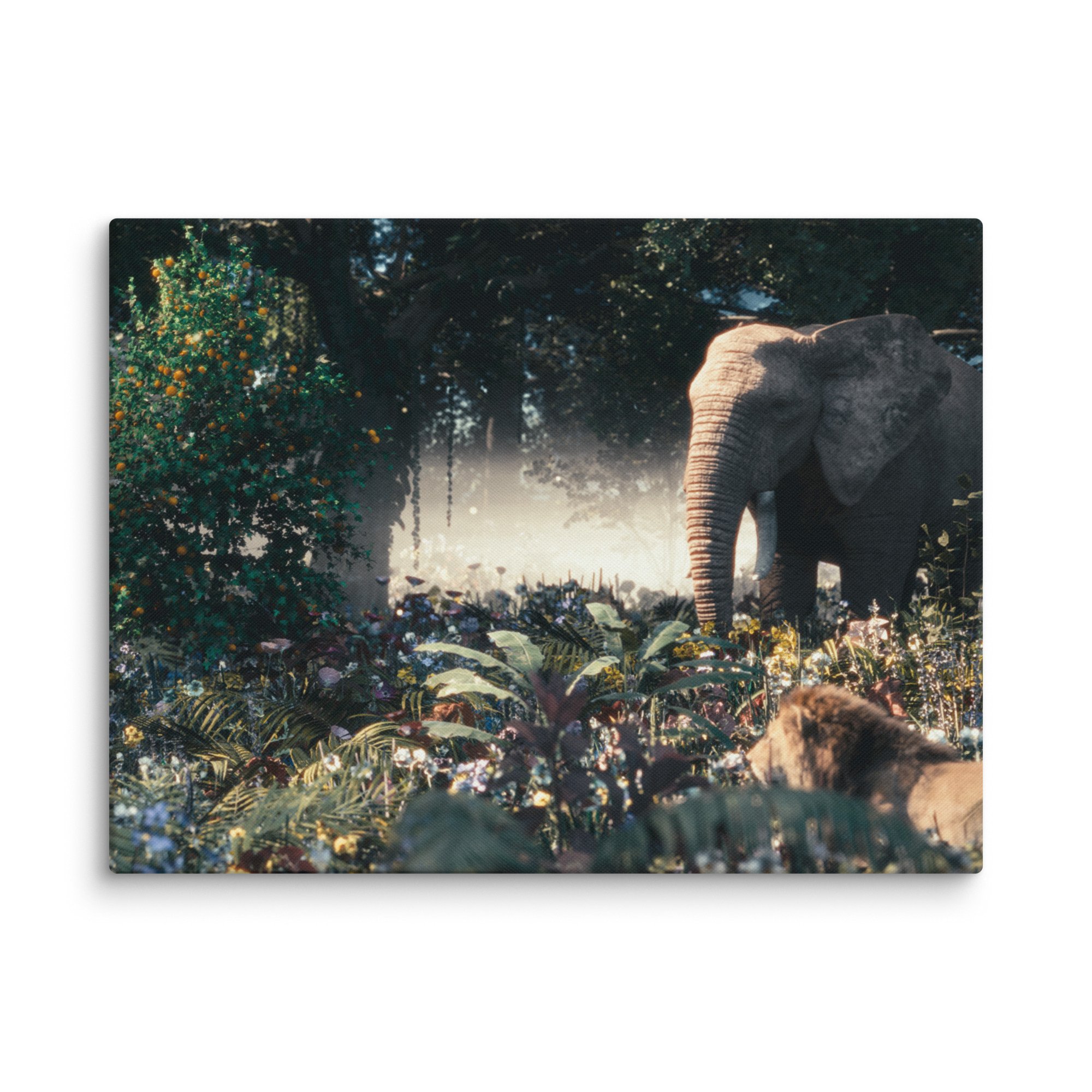 Cinematic 3D render of pre-fall Garden of Eden landscape printed on canvas