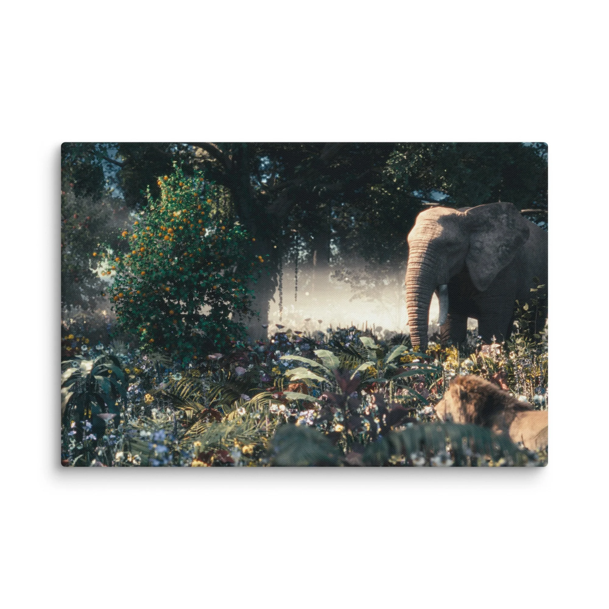 Cinematic 3D render of pre-fall Garden of Eden landscape printed on canvas