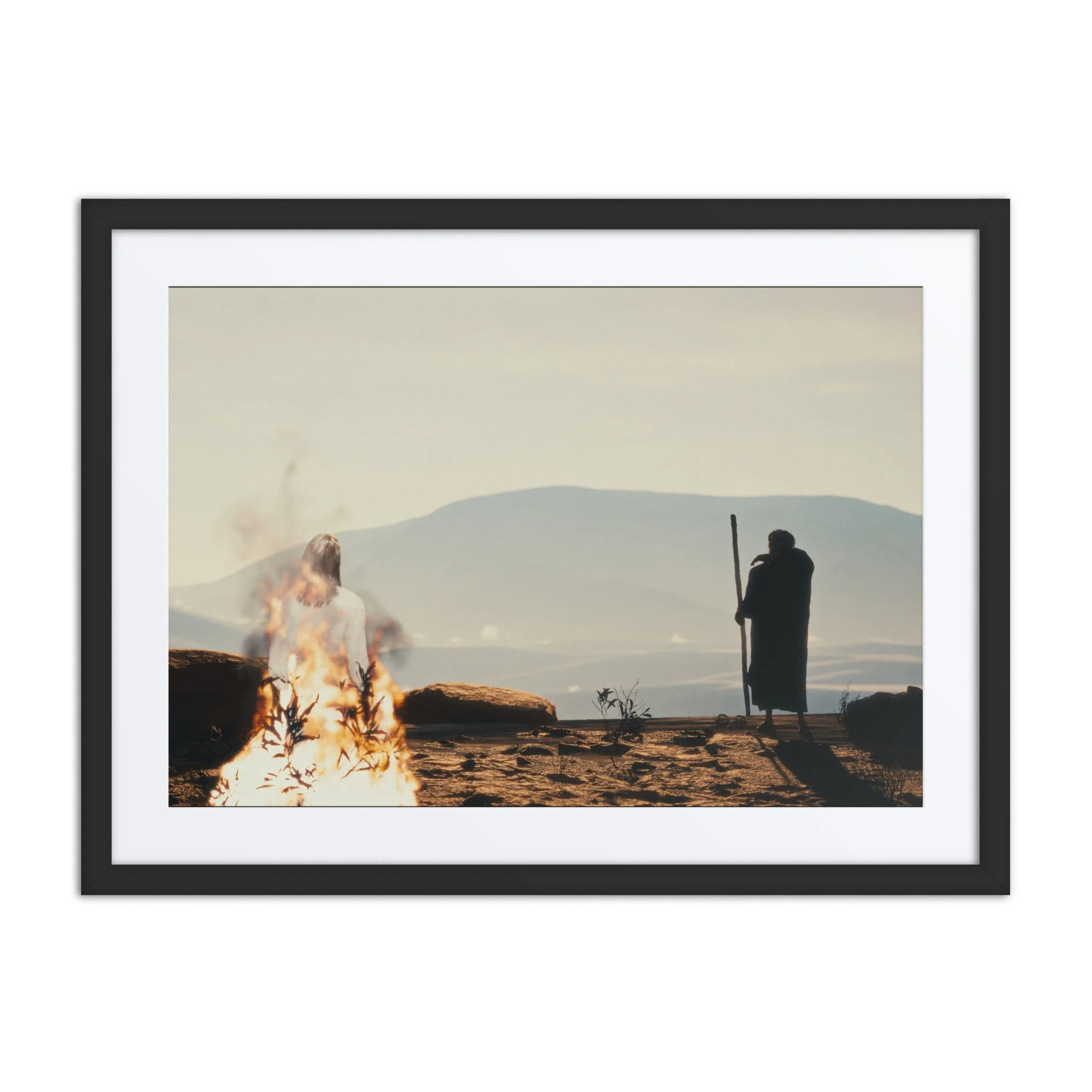 Gallery-quality framed Christian wall decor displaying Moses' burning bush scene