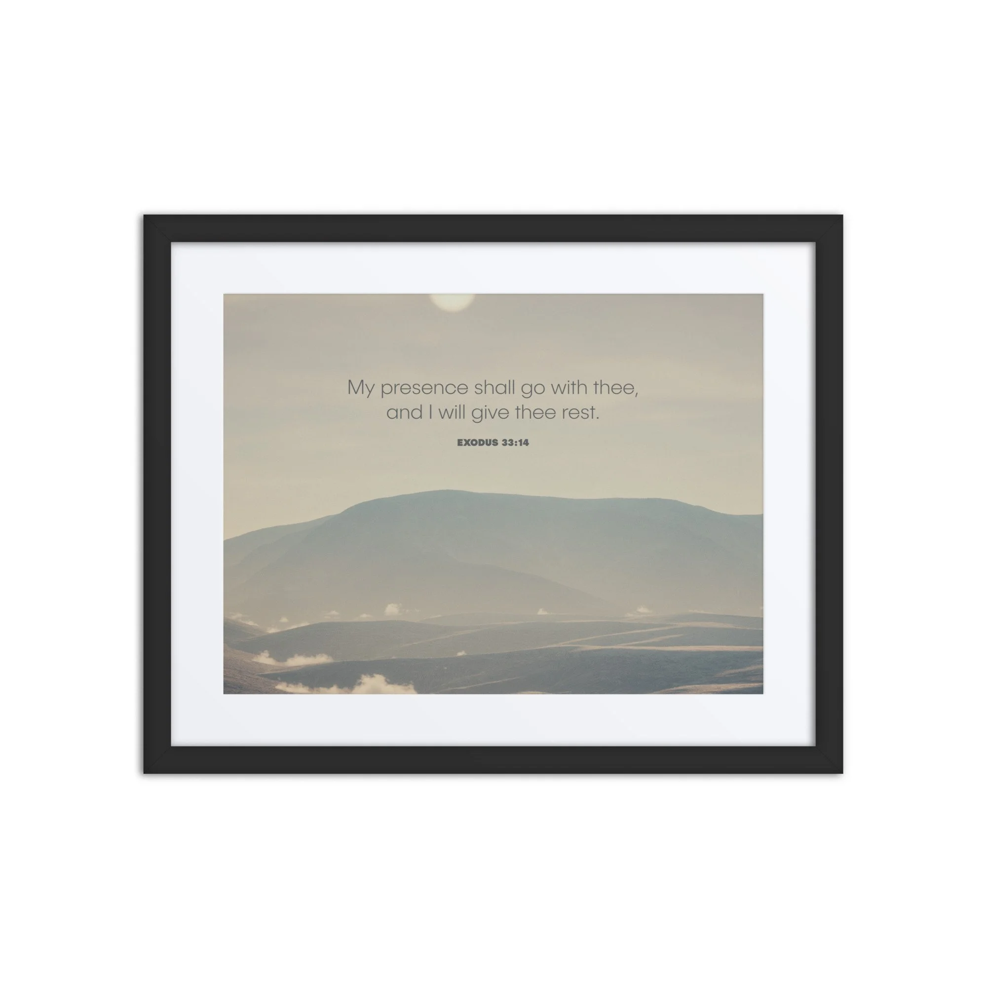 Gallery-quality framed Christian wall decor with Exodus 33:14 Rest in His Presence design