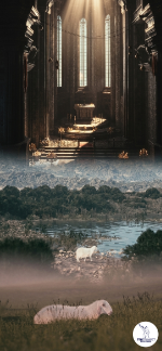 Vertical mobile phone wallpaper collage featuring cinematic Psalm 23 biblical scenes: a majestic cathedral interior and a sheep in peaceful green pastures. High-resolution Christian digital art for mobile devices by 7th Trumpet Entertainment.