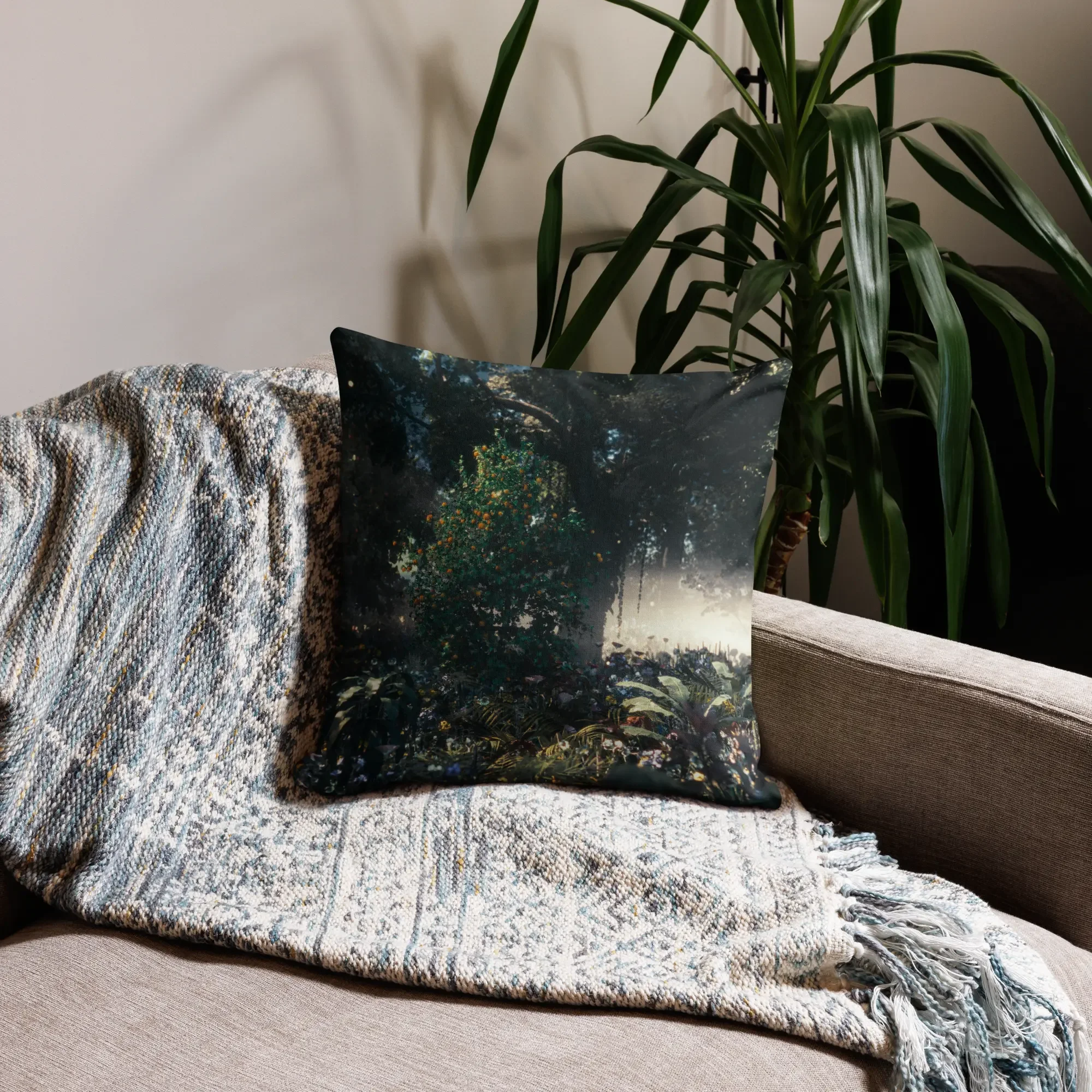 Decorative Christian throw pillow featuring lush green Garden of Eden scene