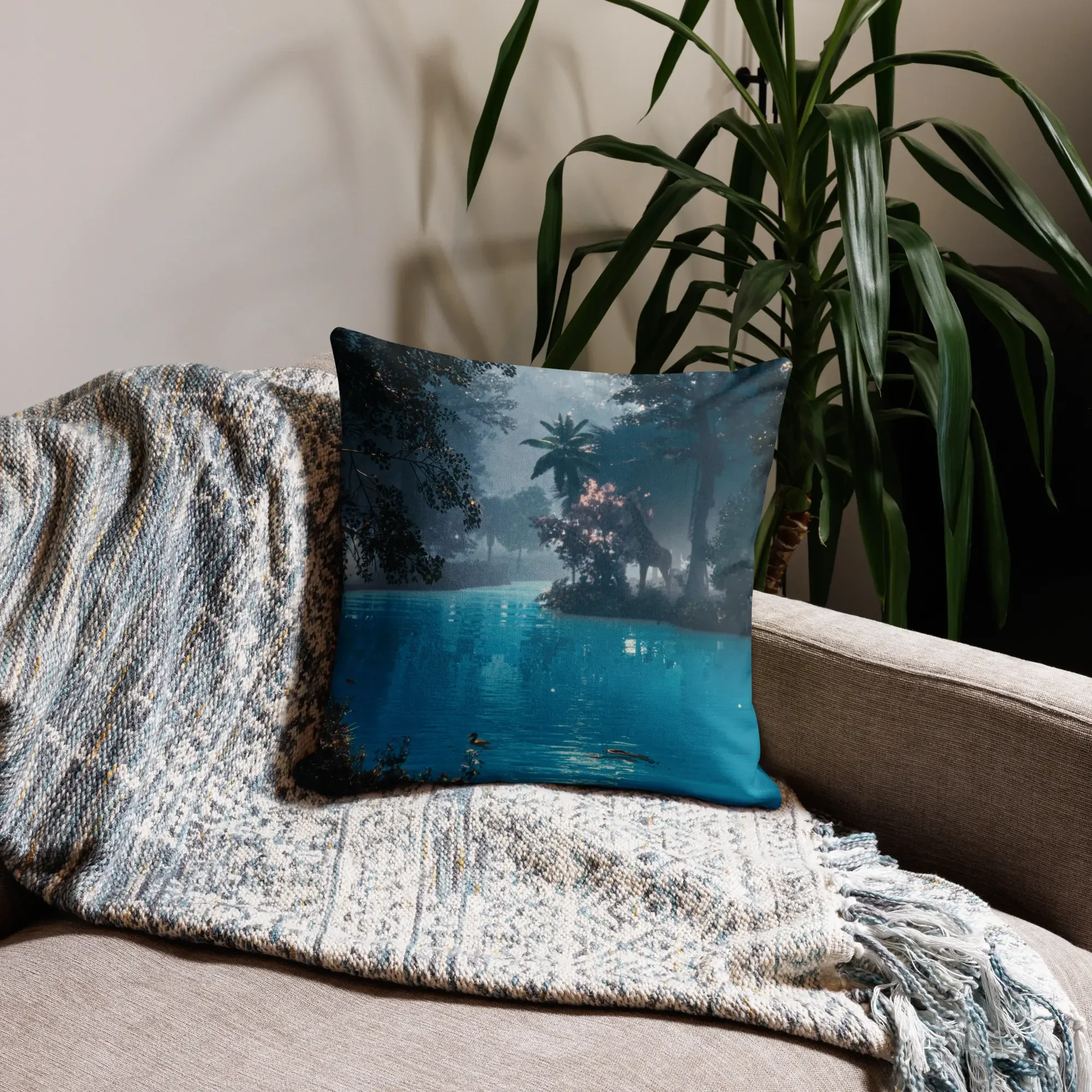 Decorative Christian throw pillow featuring lush green Garden of Eden scene