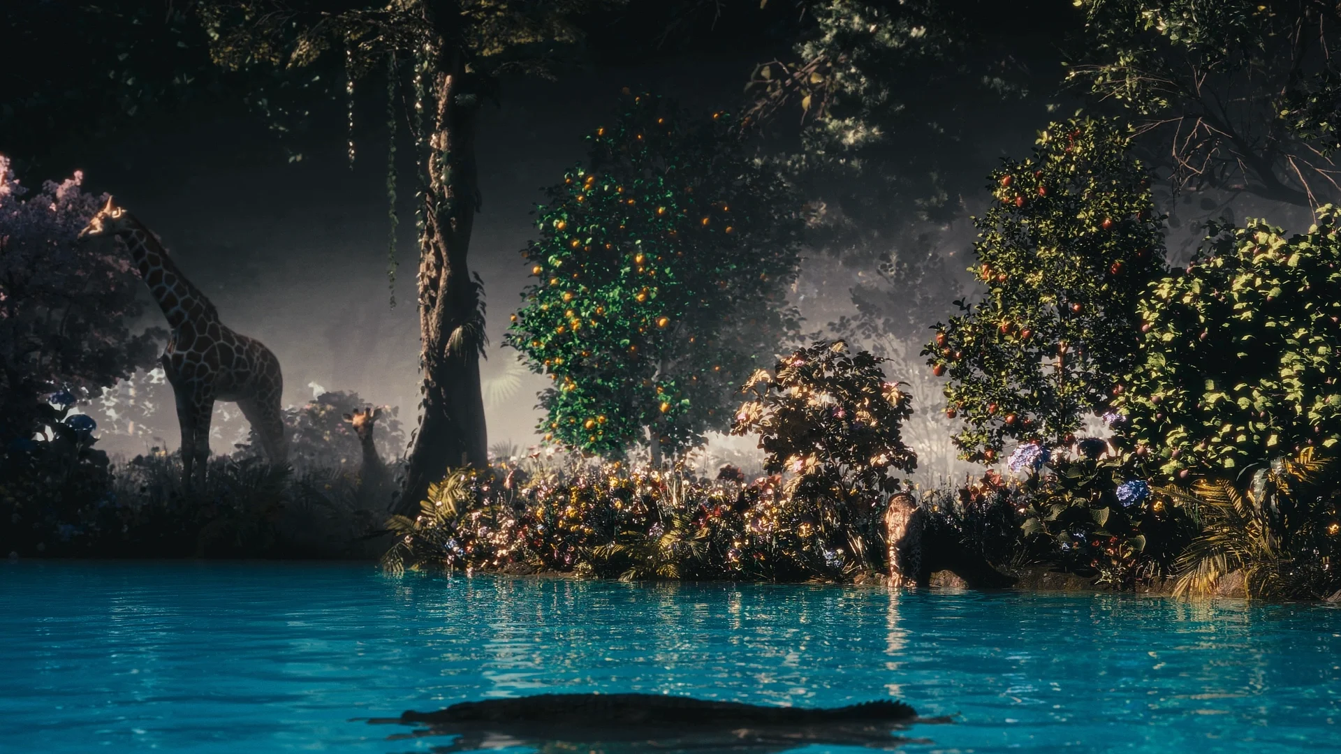 Realistic image of animals, fruit trees, flowers, a river and plants in the Garden of Eden