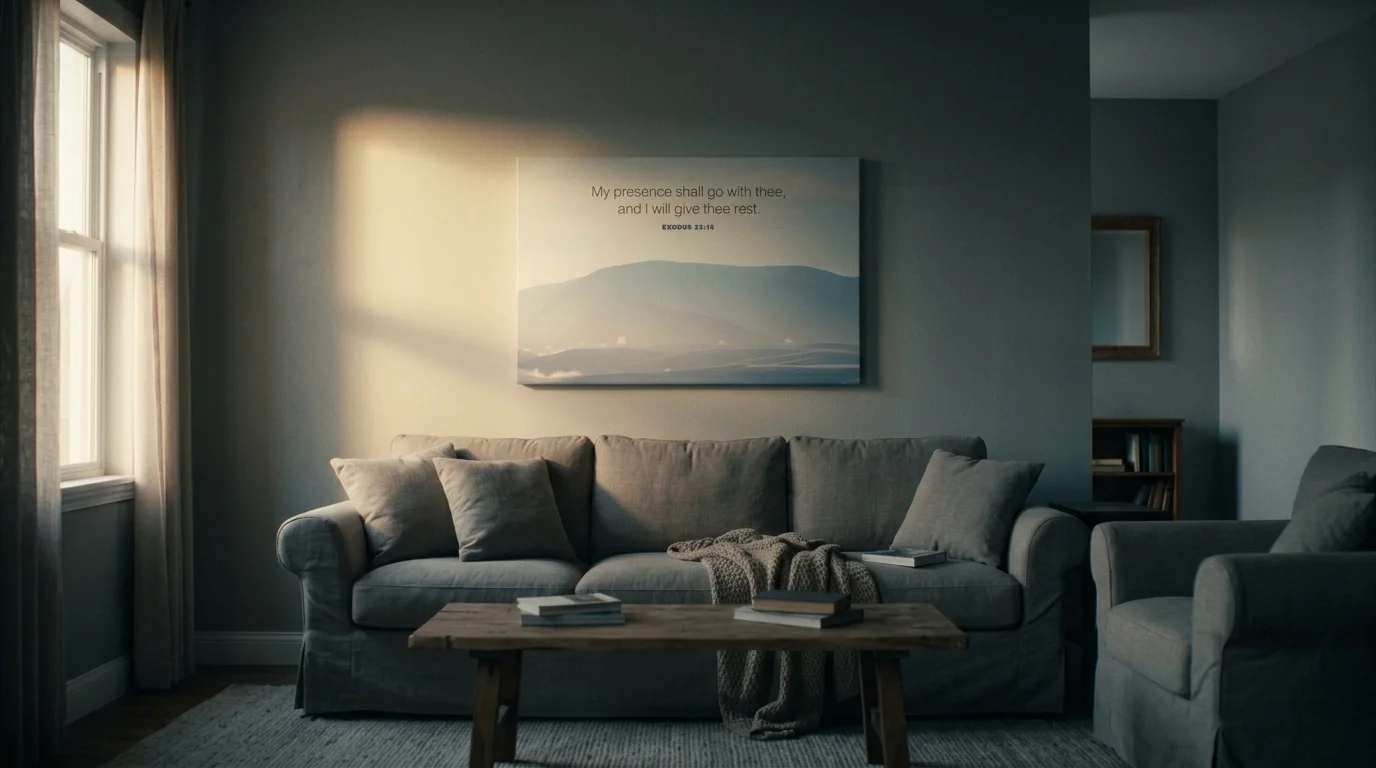 Exodus 33:14 canvas Scripture wall art displaying Rest in His Presence text in a living room