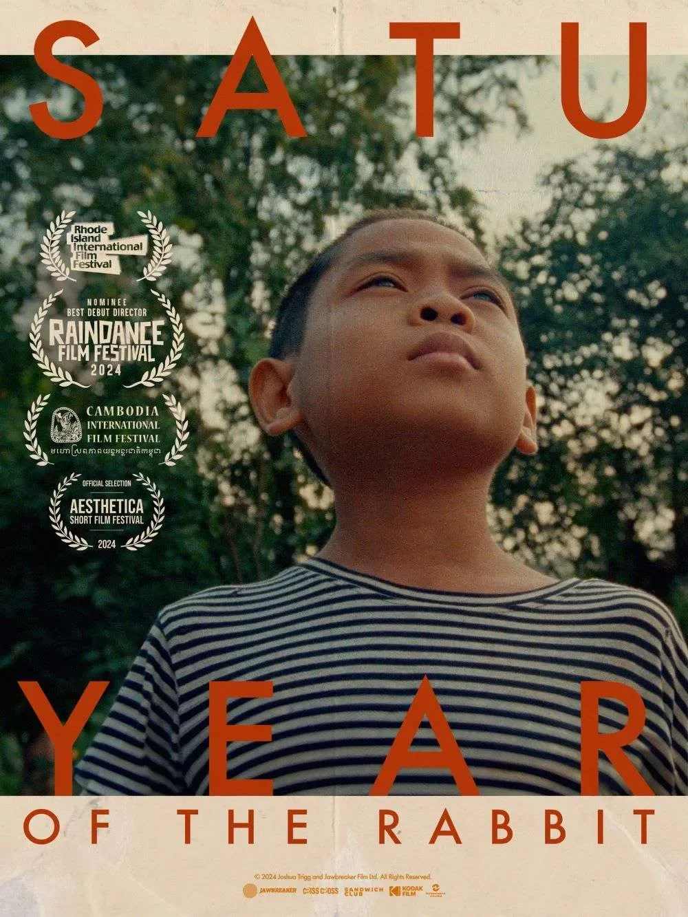 A young boy with short hair in a striped shirt looking upward outdoors with trees in the background, overlaid with red text "SATU" at the top and "YEAR" at the bottom, and orange text "OF THE RABBIT" underneath.