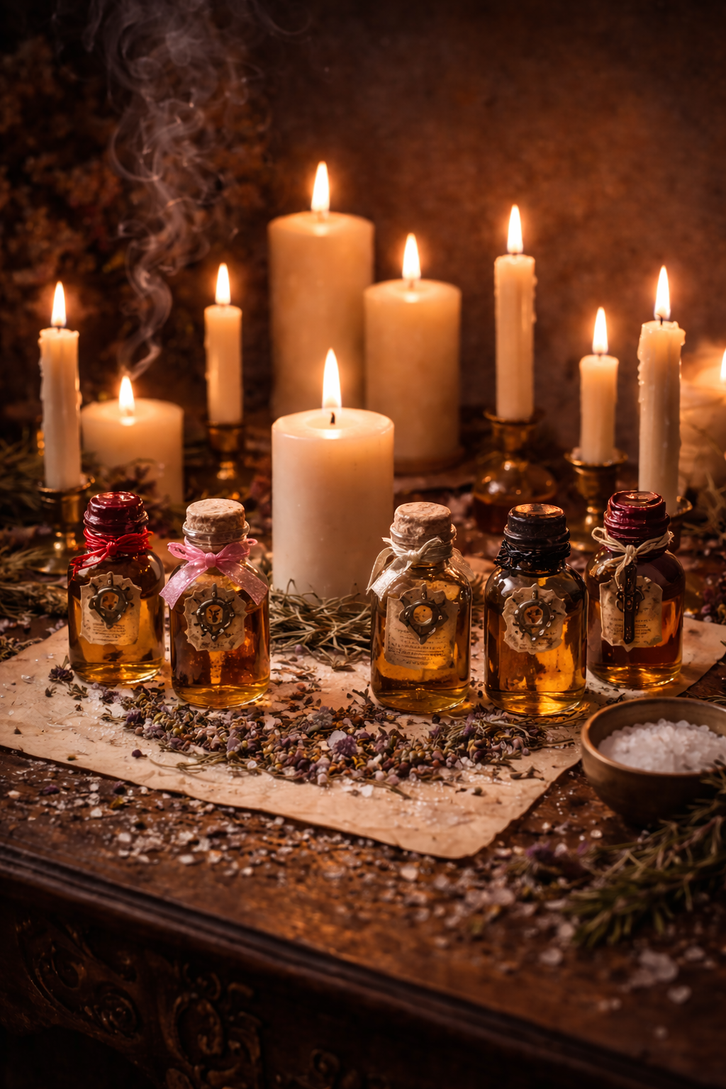 Open book on a brick surface with black pentagram drawn on pages, surrounded by used chalk sticks.