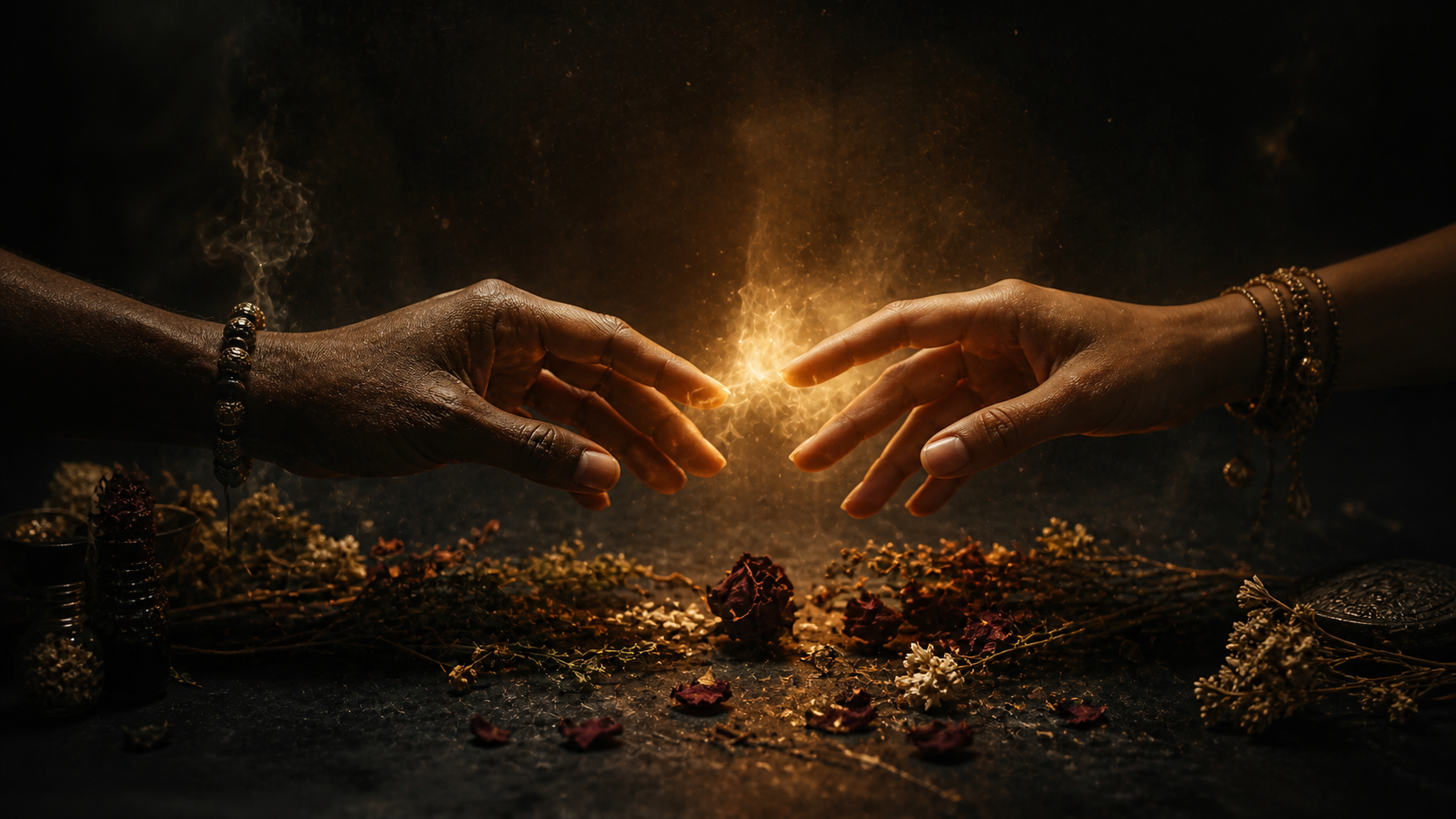Two hands exchanging energy with golden light representing energetic entanglement in relationships