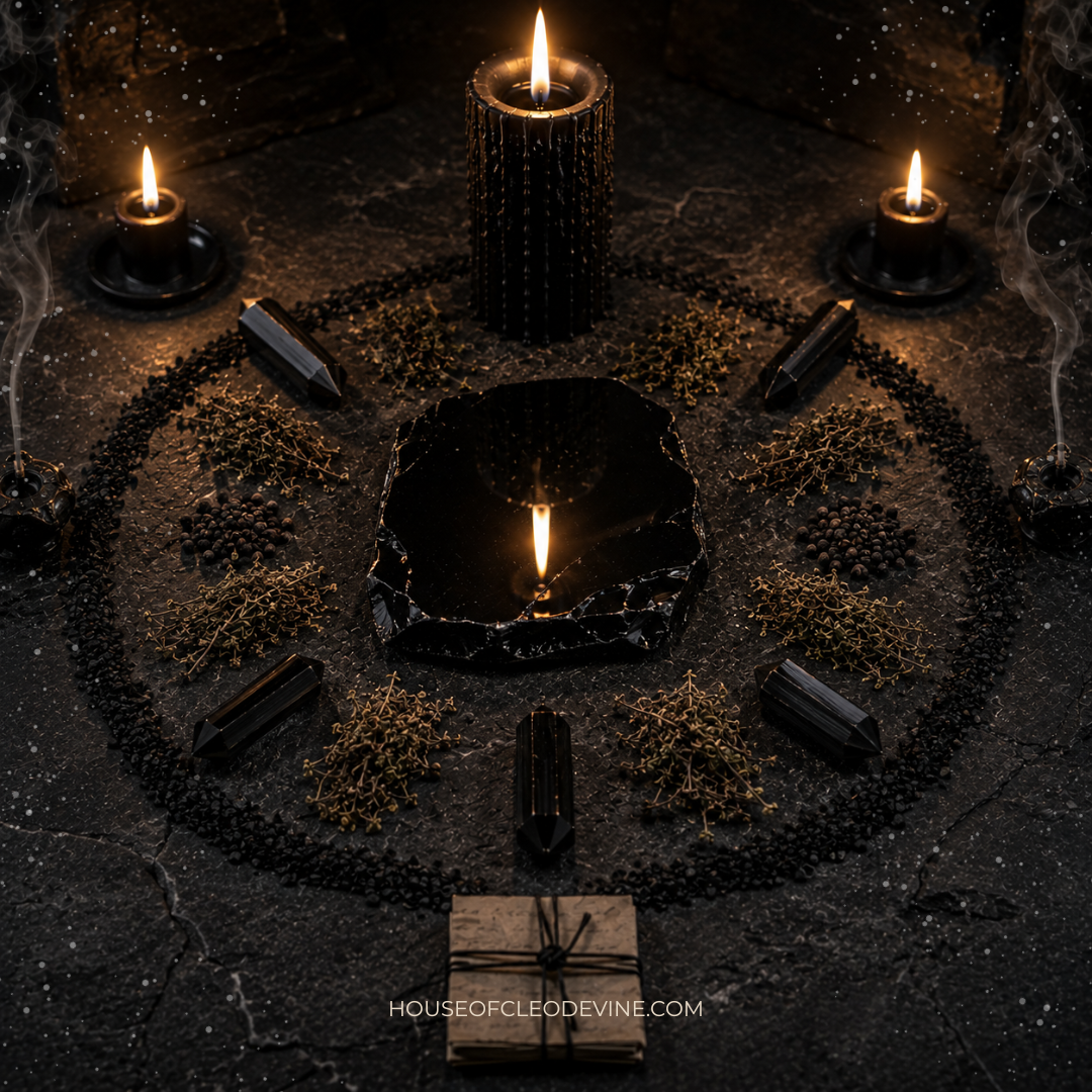 A black mirror reflecting a candle flame beside protective herbs and obsidian on a dark altar representing evil eye removal and Return to Sender spell at House of Cleo Devine (3).png