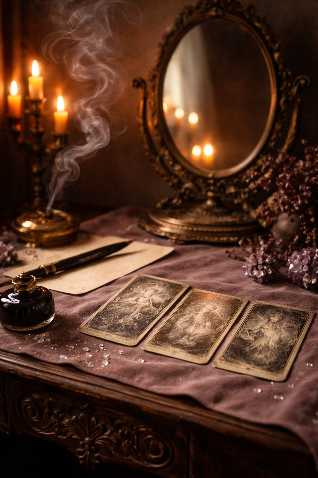 Open book with printed text, dried pink and white rose petals, small glass jar necklace with purple crystals, and a dried pink rose.