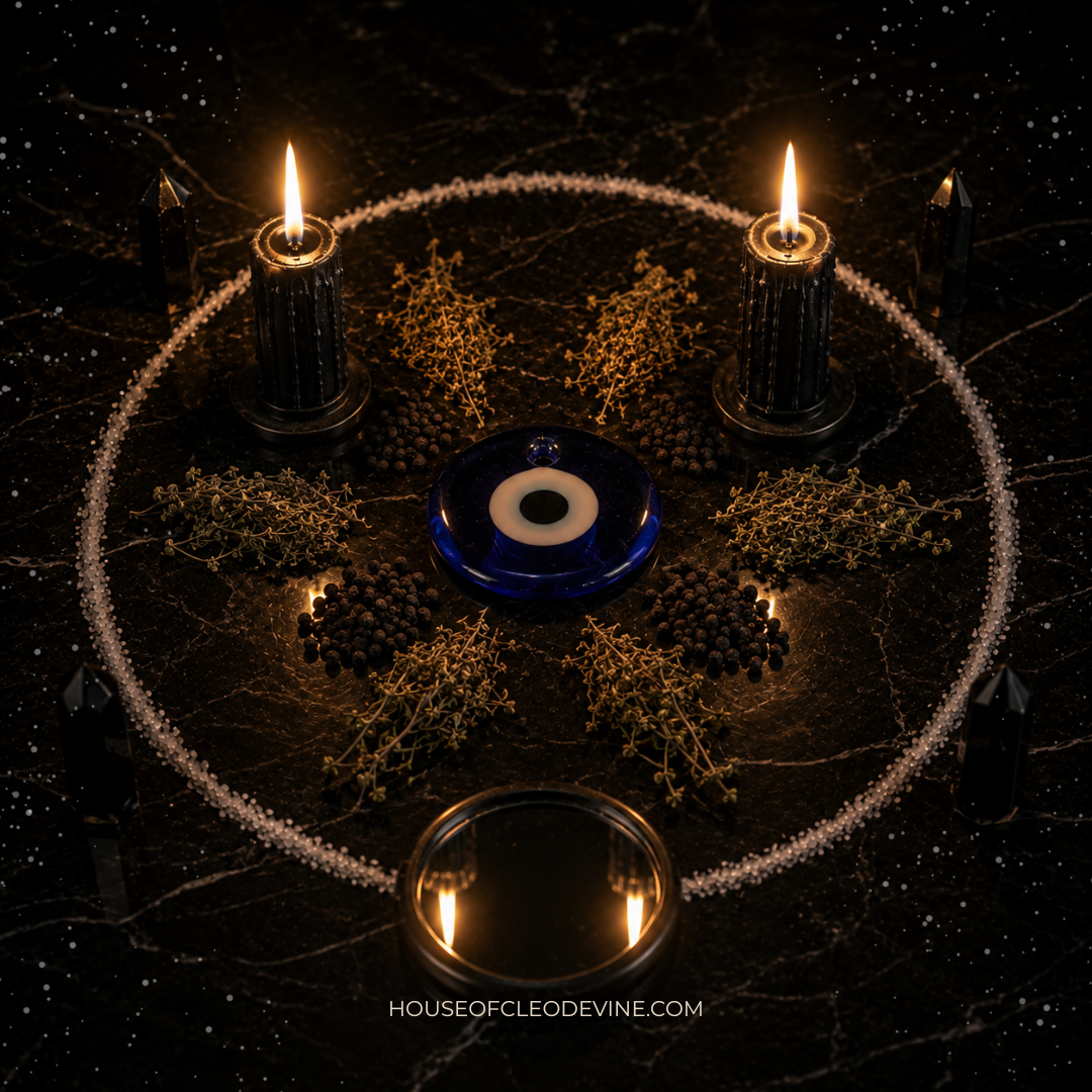 A black mirror reflecting a candle flame beside protective herbs and obsidian on a dark altar representing evil eye removal and Return to Sender spell at House of Cleo Devine (1).png