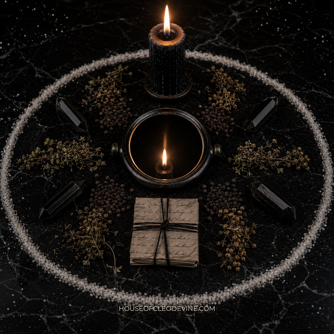A black mirror and reversed candle on a dark altar surface beside protective herbs representing targeted Return to Sender spell and negative energy reversal ritual at House of Cleo Devine (1).png