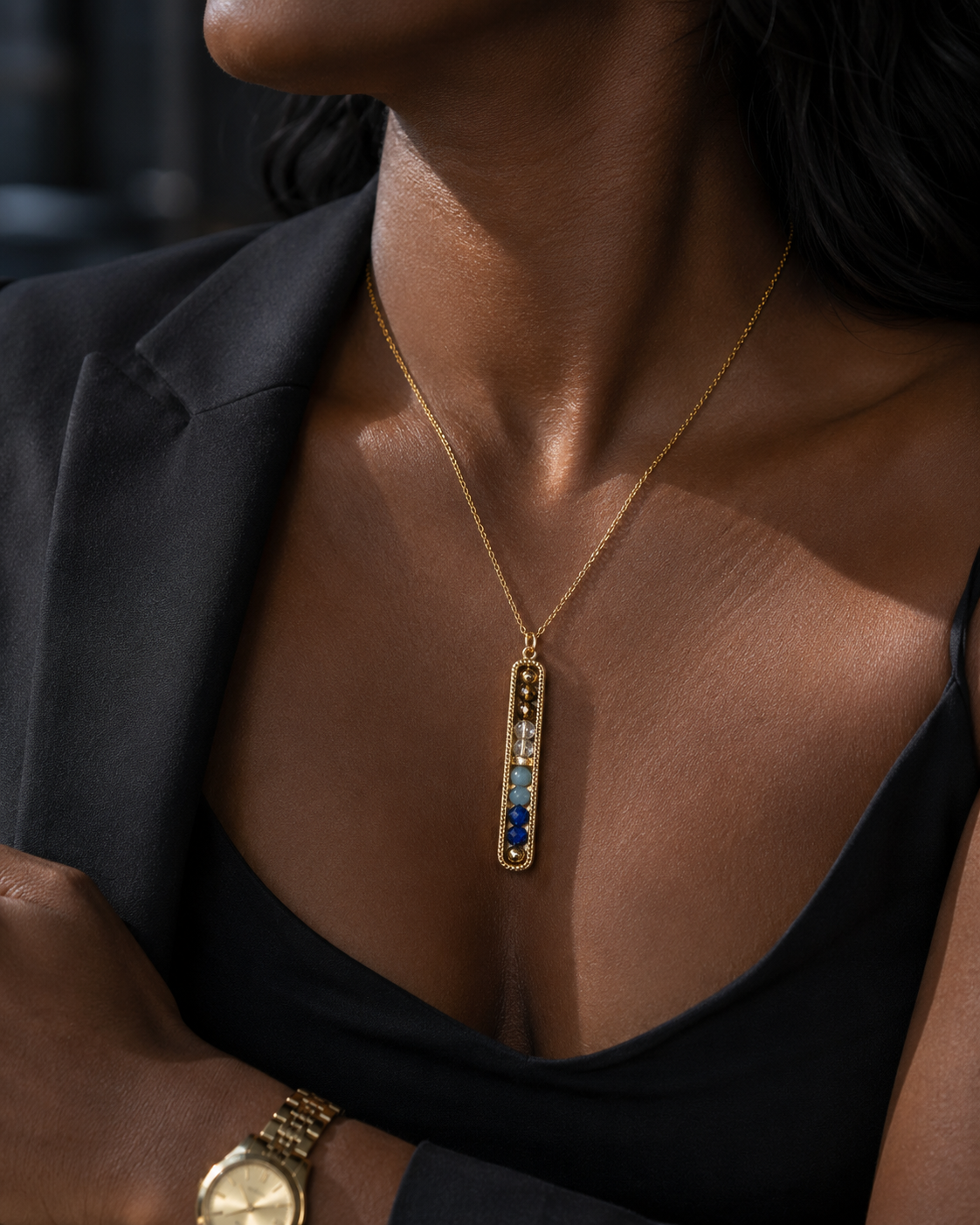 CEO Energy Crystal Bar Necklace | Sapphire Aquamarine | Boss Woman Leadership Prosperity Crystal Jewelry