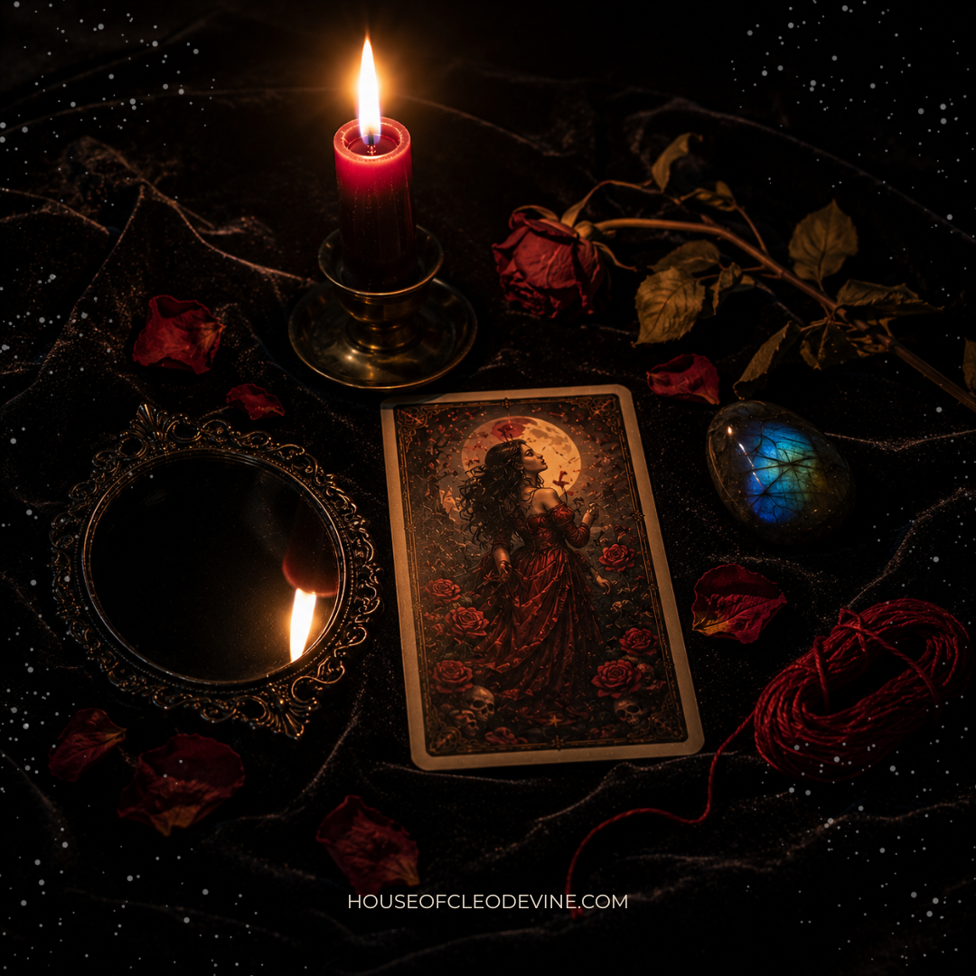 A small bottle of Fast Luck Oil beside a green candle and coins on a dark wood surface representing Fast Luck Oil working and Southern folk magic quick fortune ritual at House of Cleo Devine (17).png