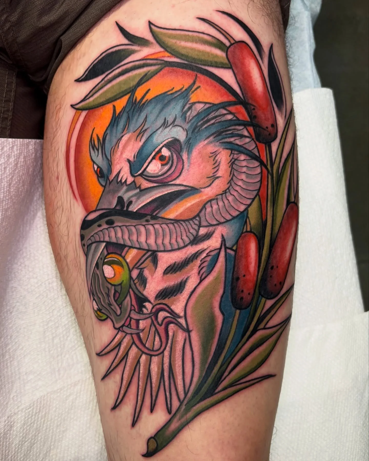 Birb n snek for Levi 🐦 Thank you for the freedom on this, had a blast with ya! 
Thanks fer lookin&rsquo; 🙏🏼 

@onceinabluemoontattoo 

#gatattooers #atltattooartist #traditionalart #traditionalartist #traditionalflash #flash #tradworkers #boldwill