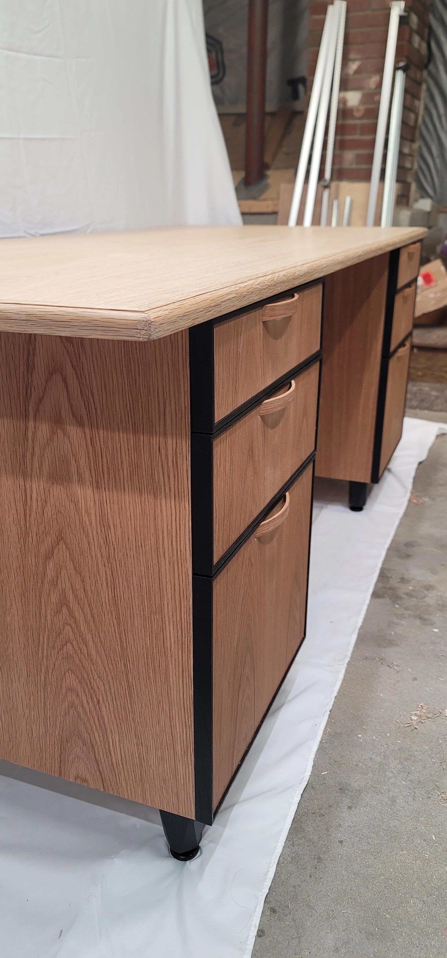 White oak construction with black banding and a bleached top