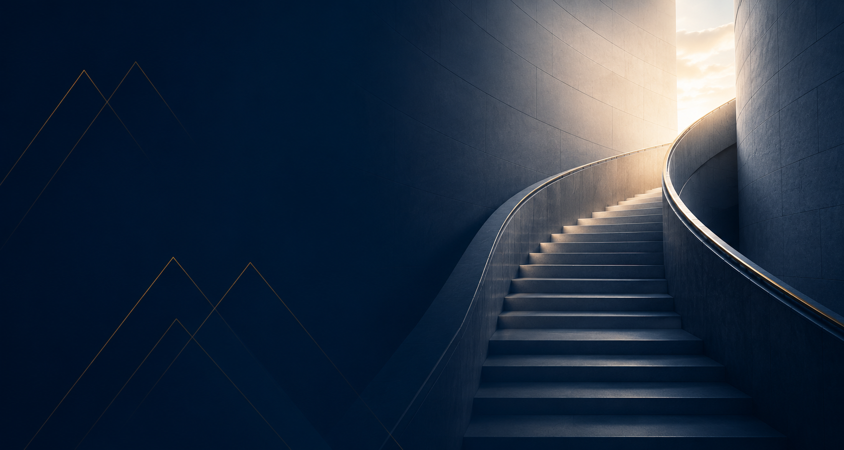 A modern staircase with a sleek metal handrail leading up to an opening with warm sunlight.
