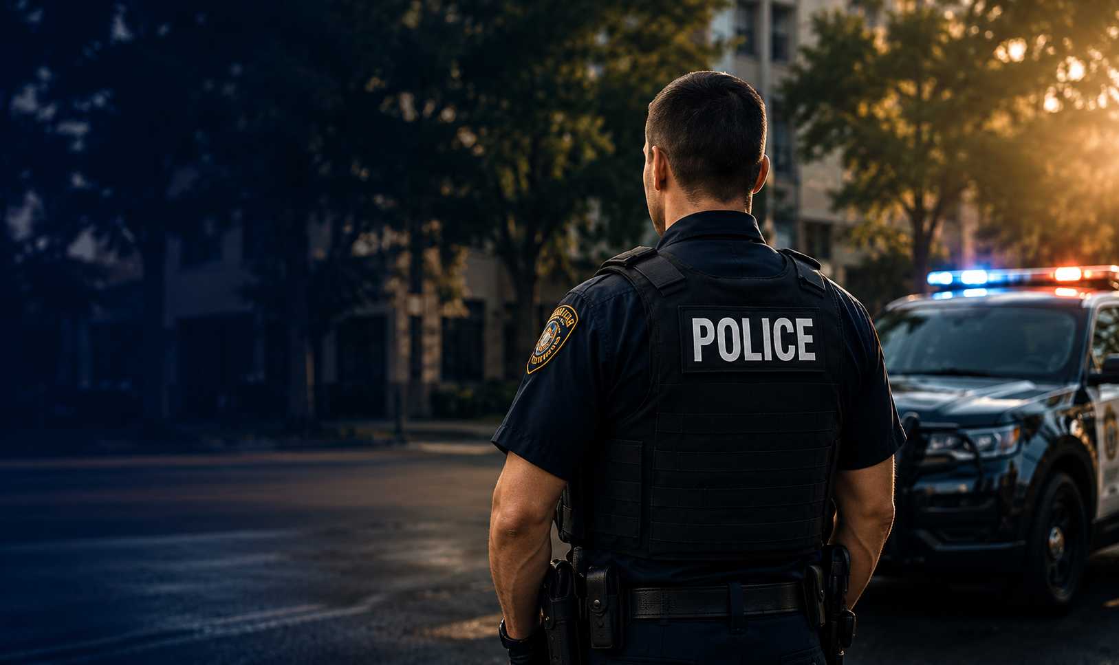 A police officer standing on a city street at dusk, facing away from the camera, with a police car with flashing lights nearby.