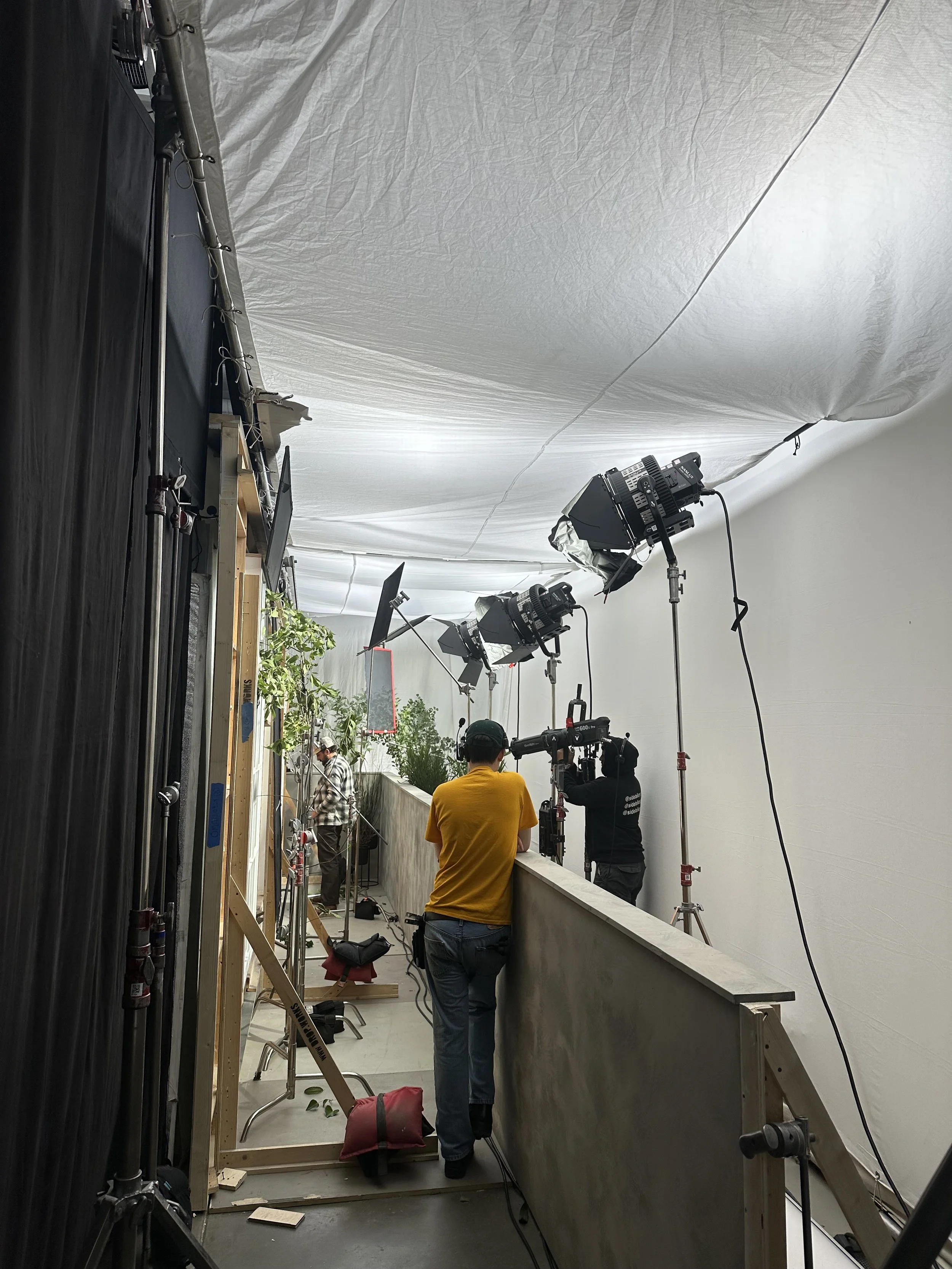 Film set with crew members and large lighting equipment inside a studio with a white backdrop and some plants