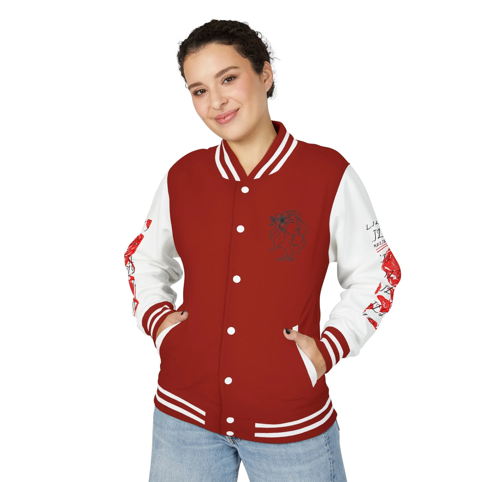 Embroidered Hibiscus iLily Letterman Jacket — w/ Women Varsity Bomber