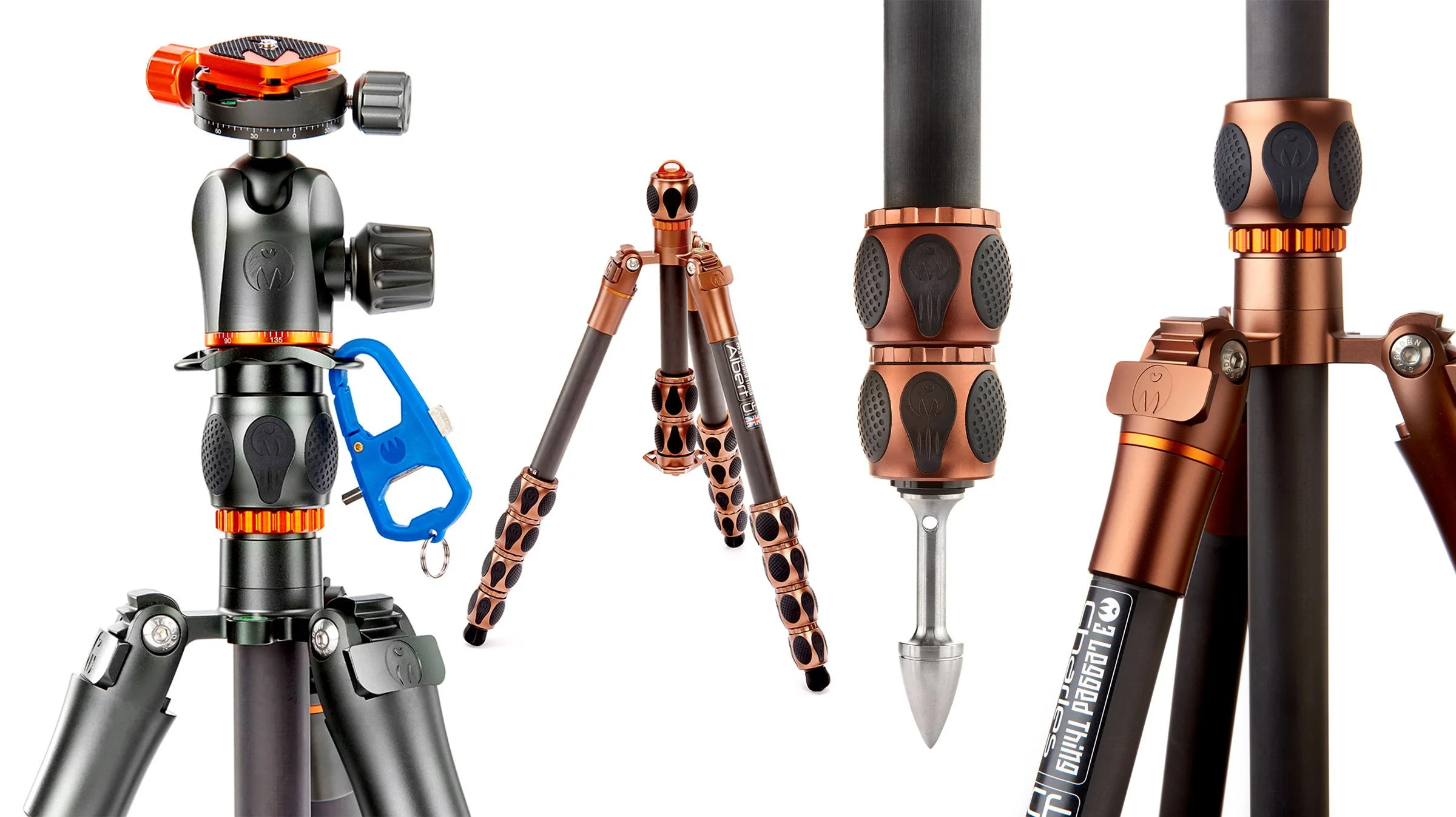 Product photo of three 3 Legged Thing tripods on a white background, showing full view and detail highlights.