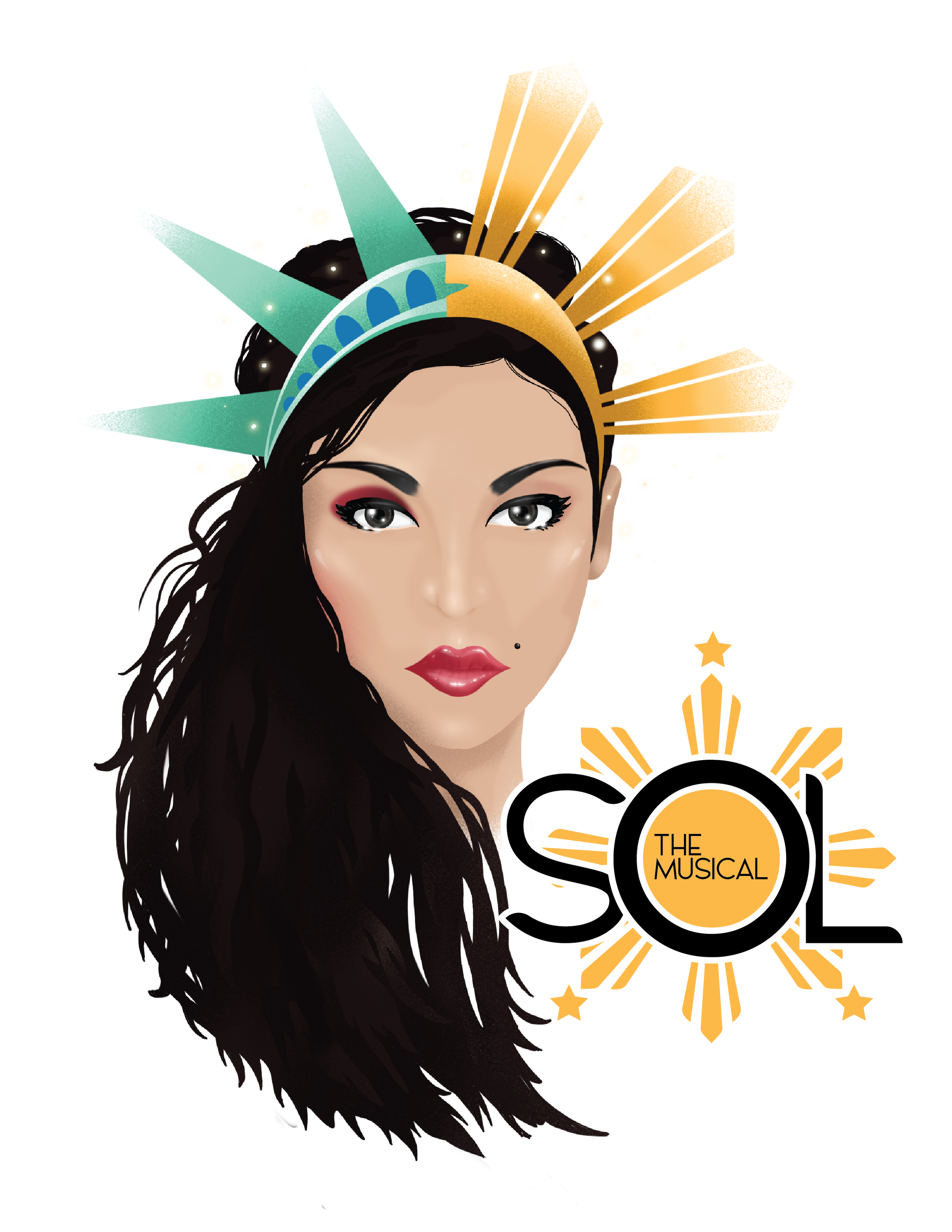 An illustration of a woman with long dark hair, wearing vibrant makeup, and a decorative headpiece resembling a crown, with gold and teal elements. There is a logo for 'The Musical' with a stylized sun, stars, and bold text.