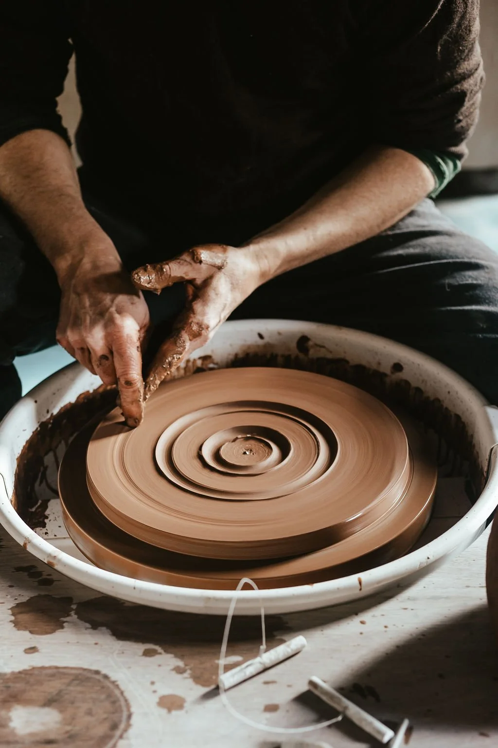 A person working on a pottery wheel, shaping a piece of clay into a round form. The potter's hands and arms are covered in clay as they focus on their craft.