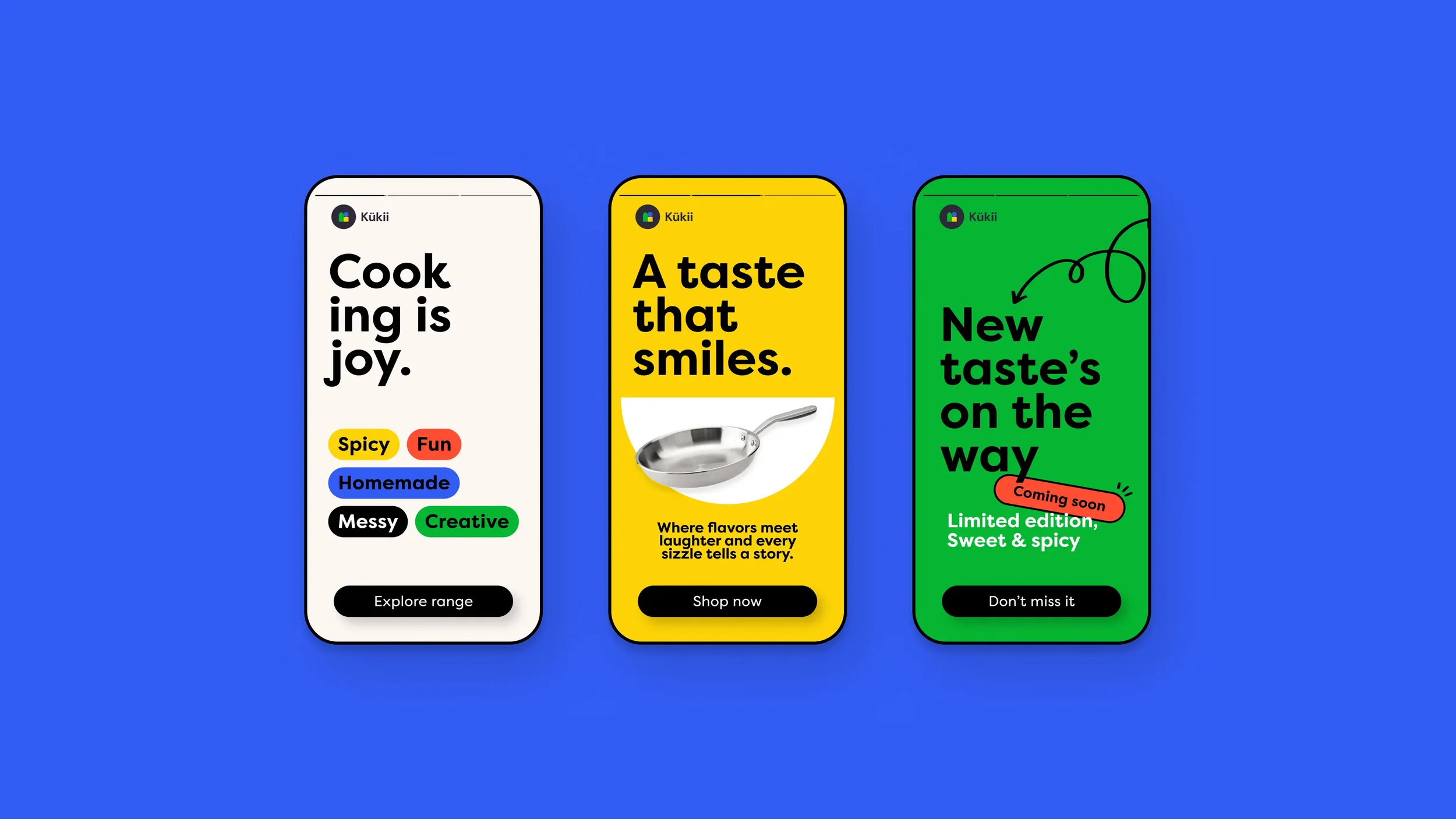 Three smartphone screens displaying colorful advertisements for a food brand, with phrases about joy, taste, and new flavors, set against a blue background.