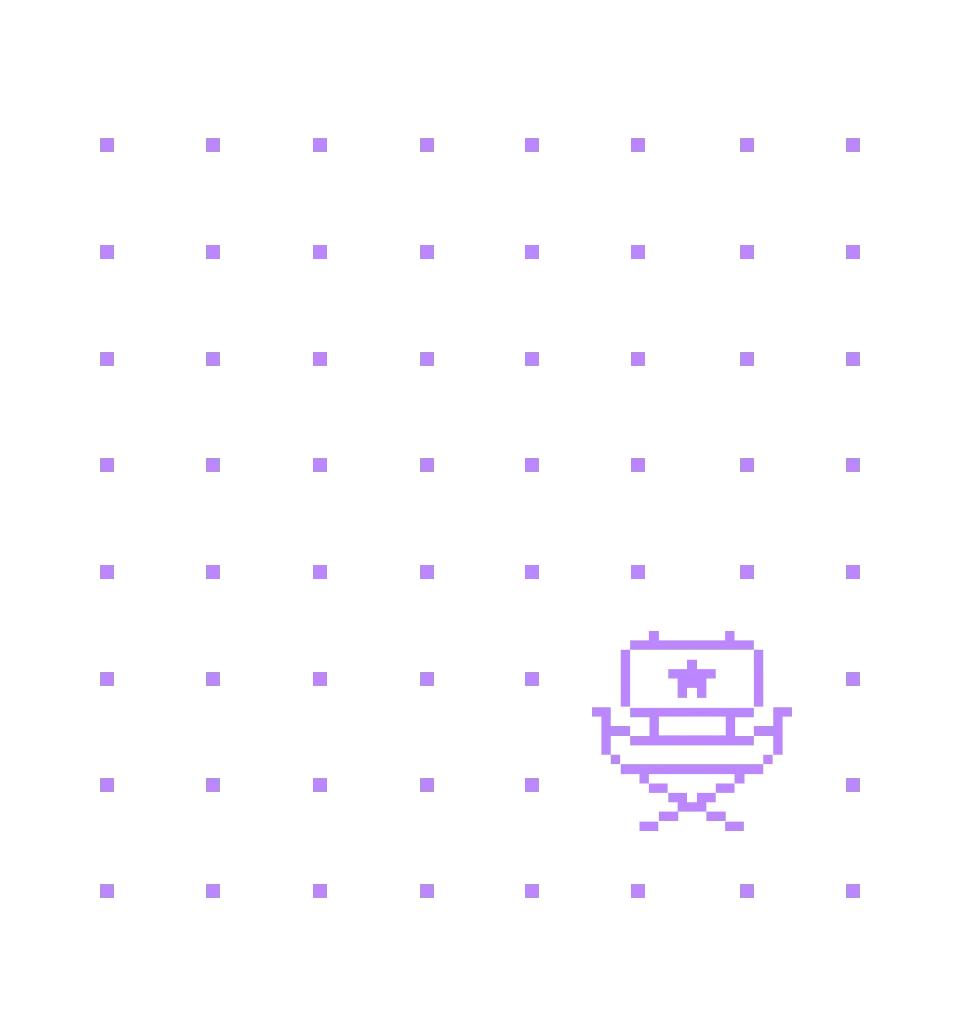 A pixel art computer monitor with a cursor icon, on a grid background of purple dots.