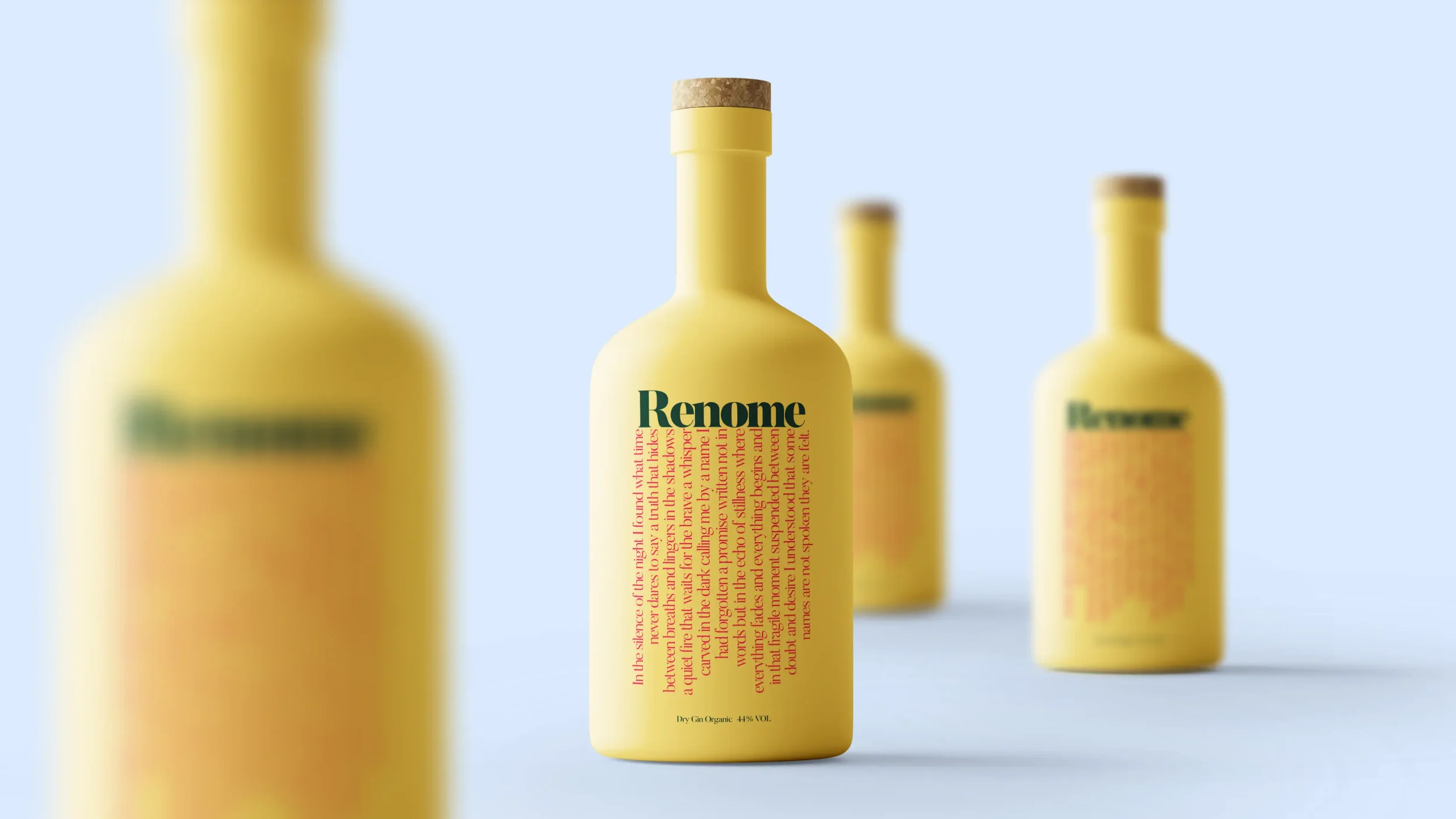 Three yellow bottles with green text label 'Rename' against a light blue background, arranged in a row with the central bottle in focus.