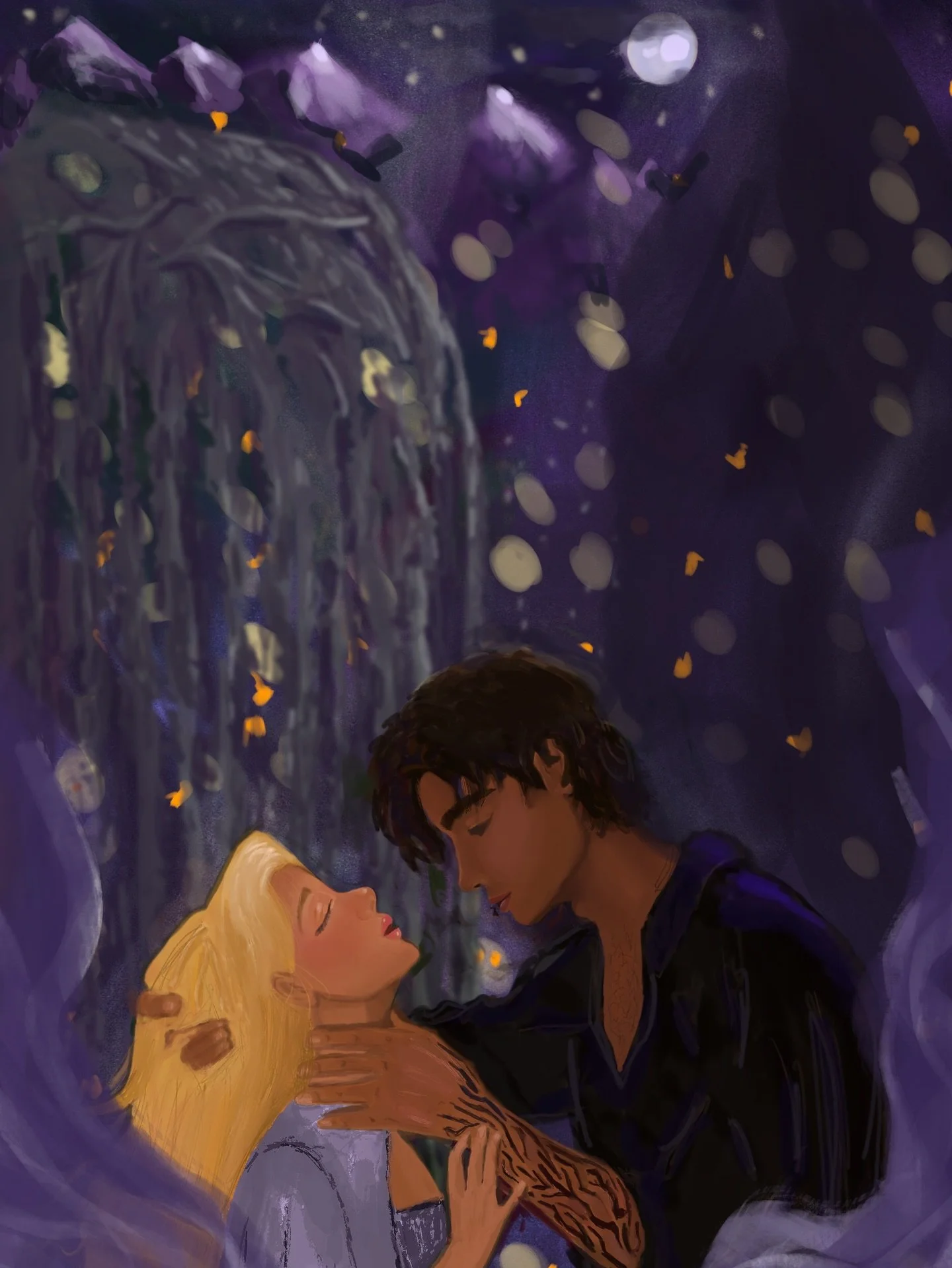 Introducing author-made character art by yours truly! Marigold and Raf caught in a lavender haze. Two weeks into my drawing journey and feeling really proud of this! It took me longer than I&rsquo;m willing to admit. Still have a lot to learn about s