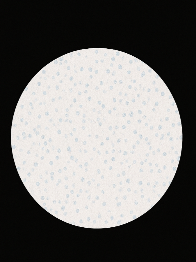 Close-up of a white circular object with small blue dots on a black background, possibly a pill or tablet.