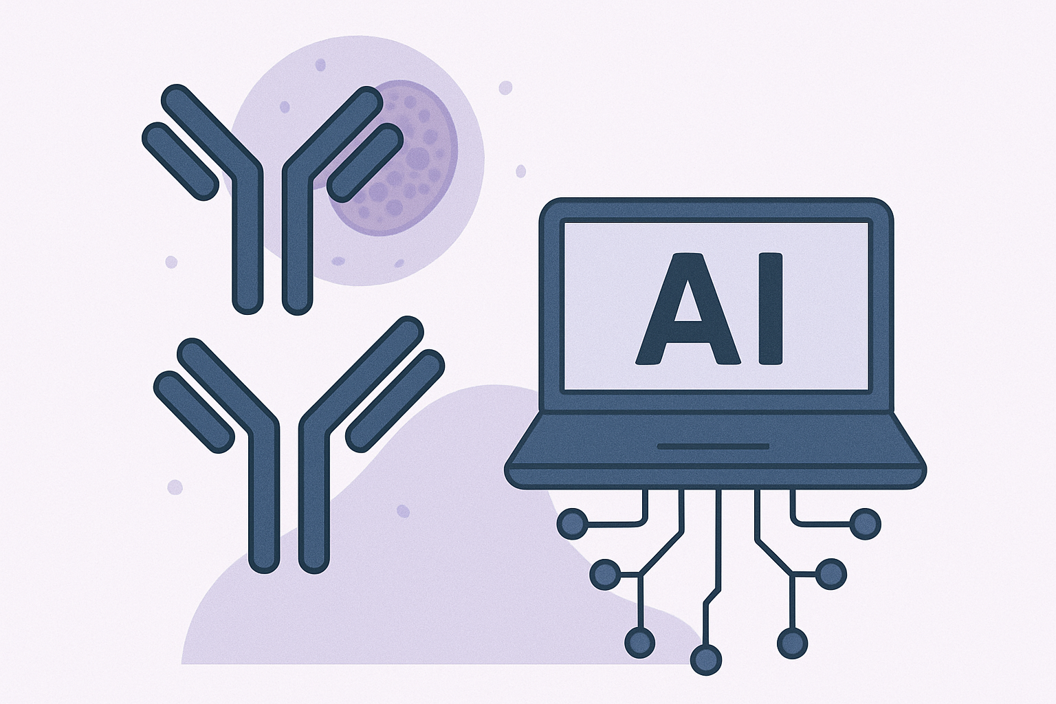 Illustration of AI and neural network concepts, featuring a computer with 'AI' on the screen and schematic neuron symbols.