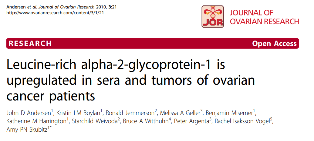 Title page of a scientific research article from the Journal of Ovarian Research, discussing leptin-rich alpha-2-glycoprotein-1 in ovarian cancer patients.