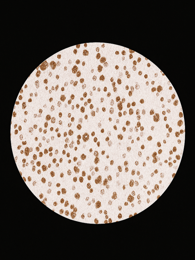 A white circular object with numerous small brown dots on it, placed on a black background.