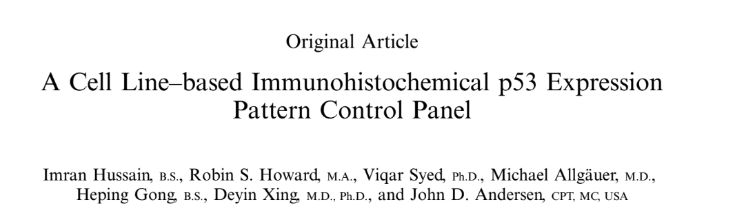 Title page of a scientific article titled 'A Cell Line-based Immunohistochemical p53 Expression Pattern Control Panel' by multiple authors.