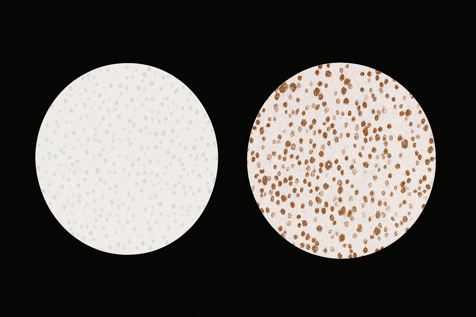Two circular patches, one white with light blue dots and one white with brown dots, set against a black background.