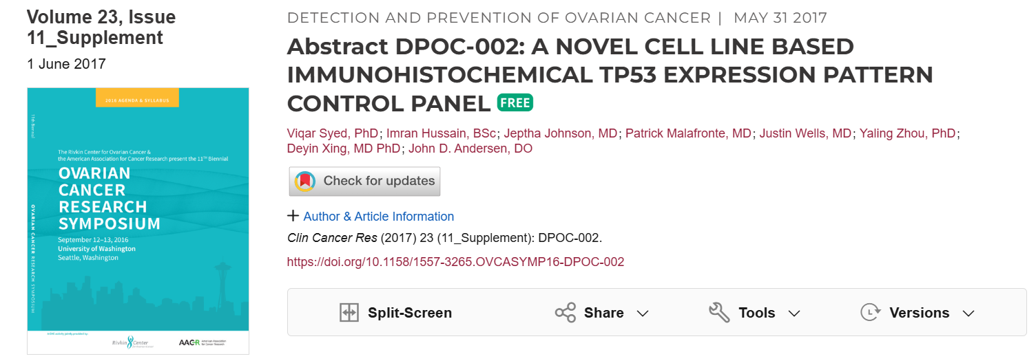 Cover page of a scientific publication titled "Abstract DPOC-002: A NOVEL CELL LINE BASED IMMUNOHISTOCHEMICAL TP53 EXPRESSION PATTERN CONTROL PANEL". It includes authors' names and the publication information. The publication is associated with the OVARIAN CANCER RESEARCH SYMPOSIUM held in September 2016 at the University of Washington.