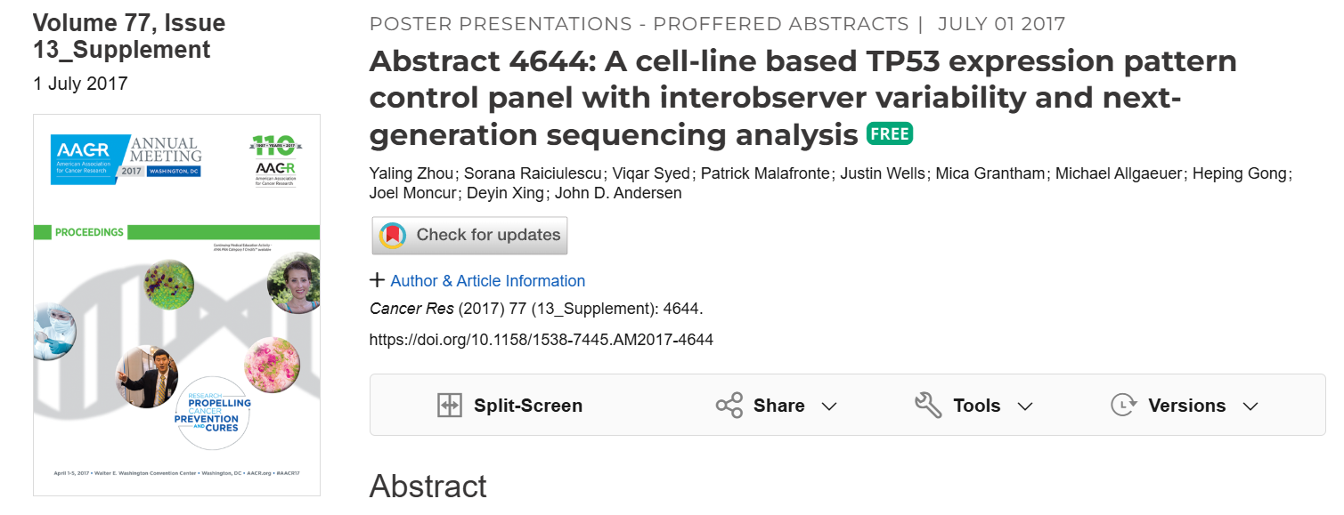 Cover page of a scientific conference poster session, displaying logos of the American Association for Cancer Research, the American Association for Cancer Research Annual Meeting 2017, and the AACR logo. The poster features images of scientific research related to cancer, with a title and list of authors, and an abstract section.