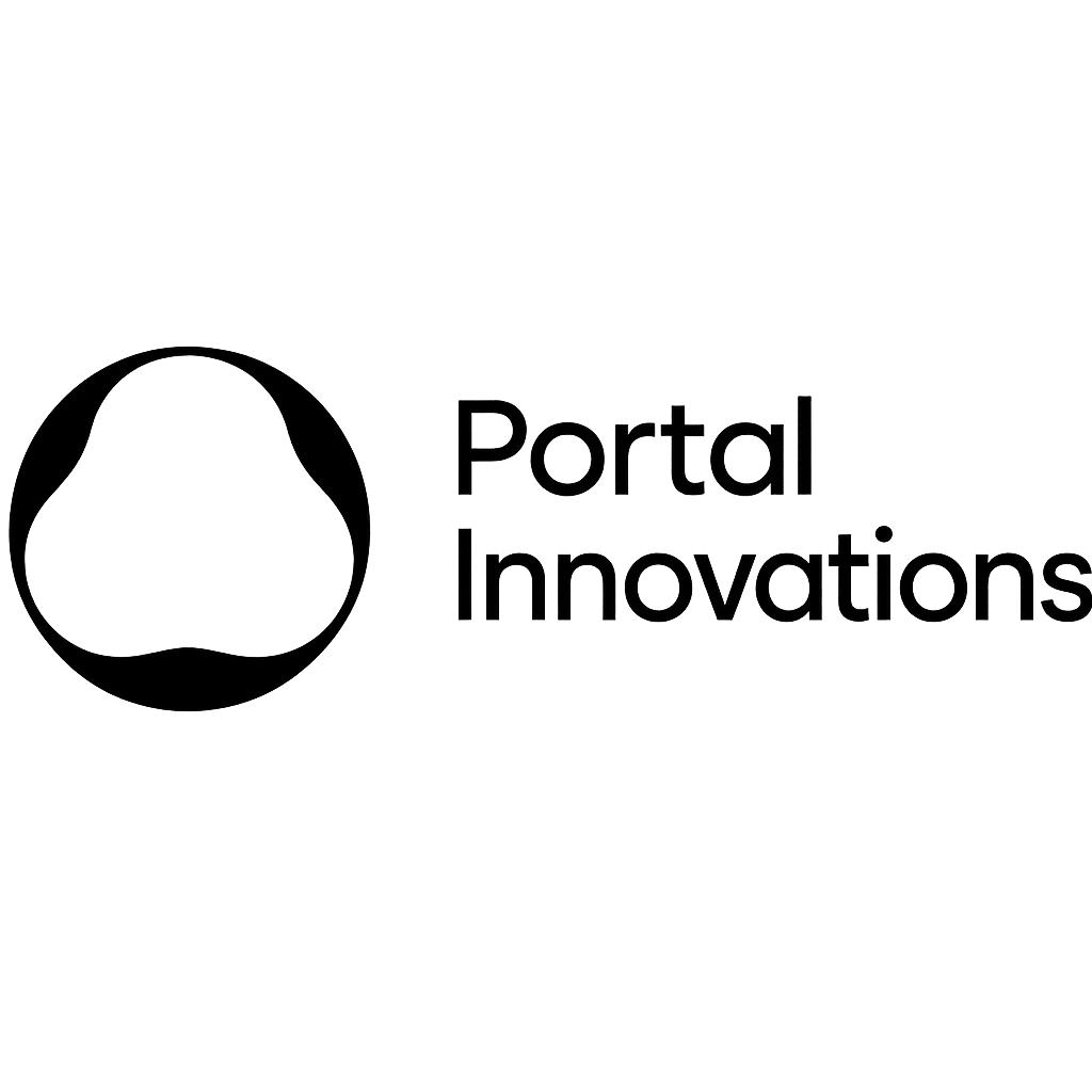 Logo for Portal Innovations featuring a circular design with connected lines and the company name in black text.