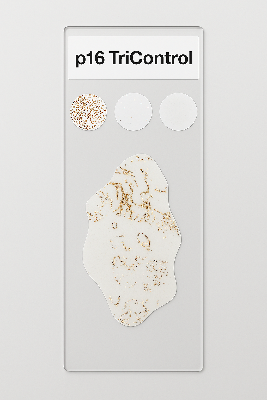 Medical test kit labeled p16 TriControl with a white abstract area that has brown speckles, indicating test results.