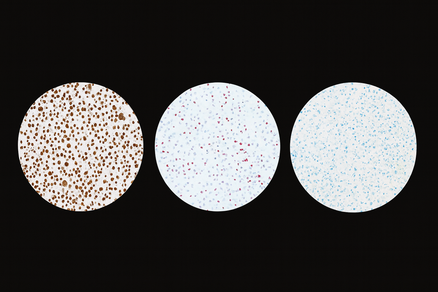 Three circular objects with speckled patterns in brown, pink, and blue on a black background.