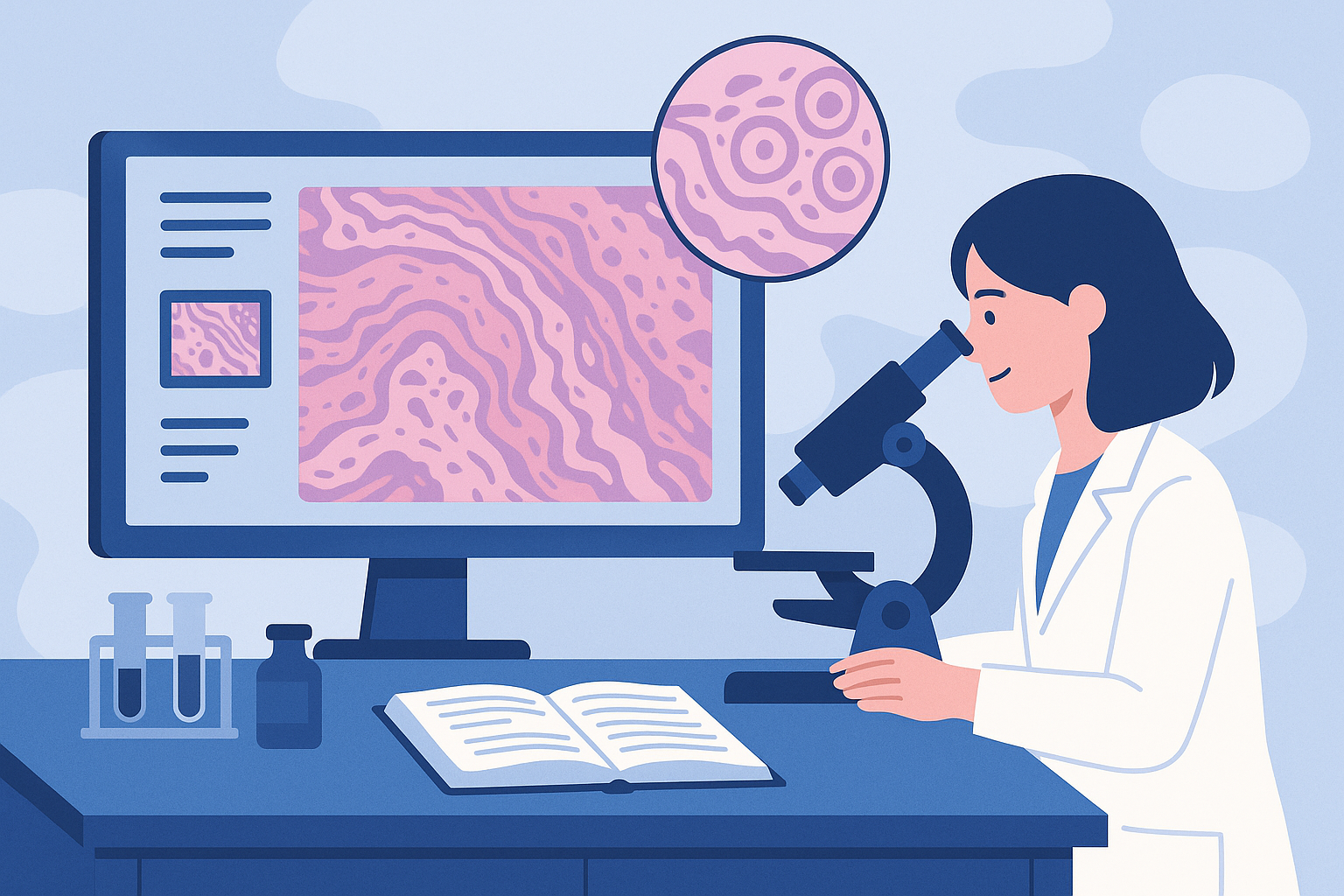 Illustration of a scientist looking through a microscope at a slide, with a computer monitor displaying a colorful microscopic image, test tubes, a book, and scientific bottles on the desk.