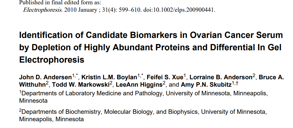 Title and author information from a scientific journal article on ovarian cancer serum biomarkers, published in 'Electrophoresis' in January 2010.