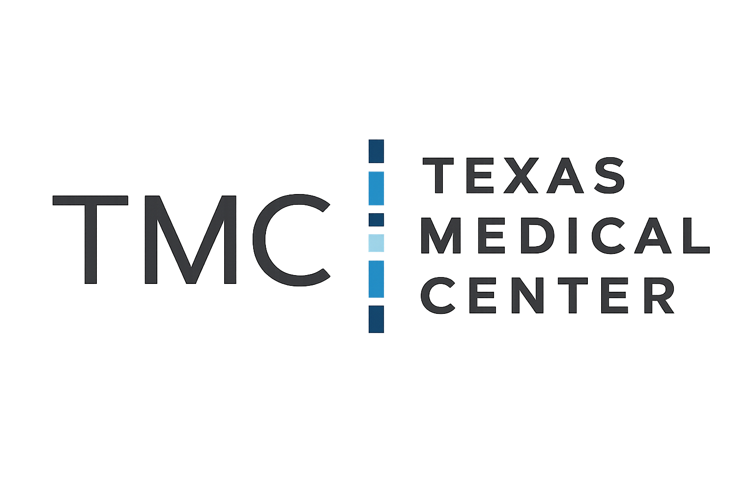 Distorted logo of Texas Medical Center with glitch effects and colorful lines.